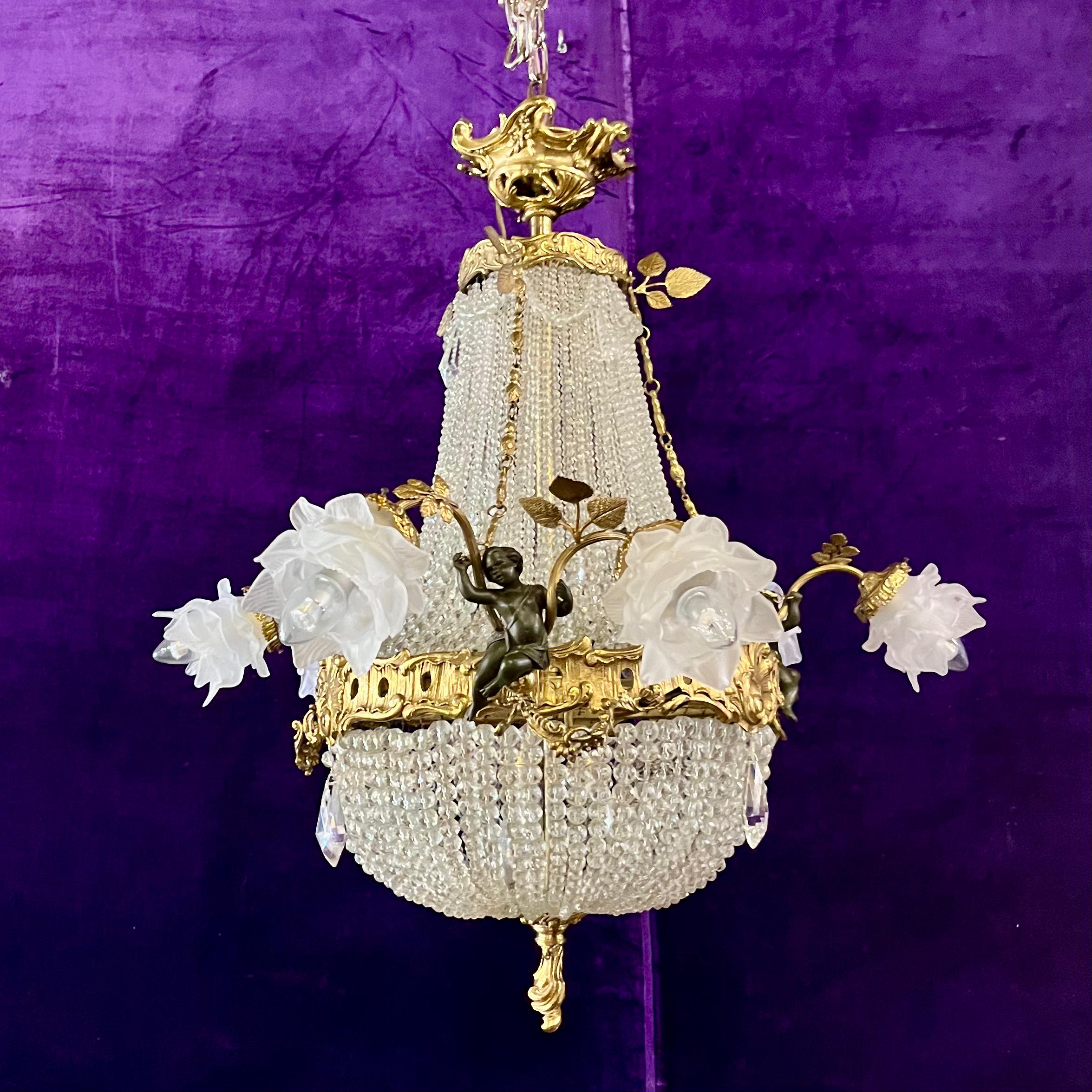 Elegant Neoclassical Chandelier with Cherubs and Frosted Rose Shades, c 1920 - SOLD