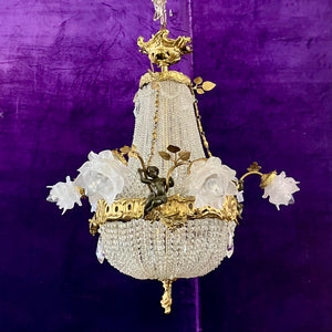 Elegant Neoclassical Chandelier with Cherubs and Frosted Rose Shades, c 1920 - SOLD