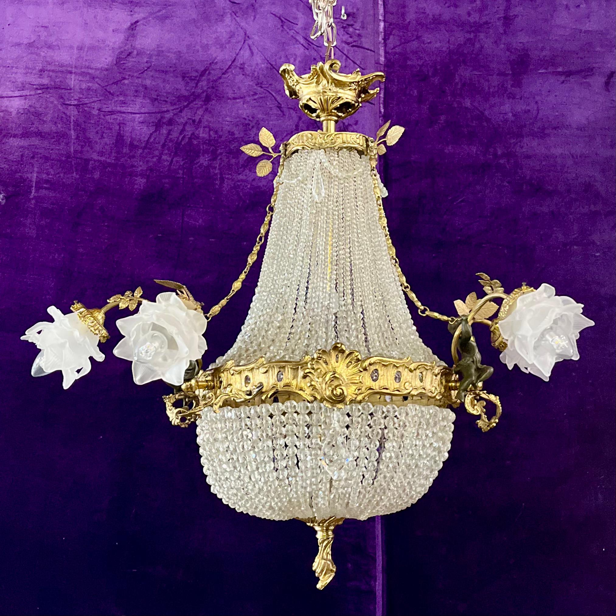 Elegant Neoclassical Chandelier with Cherubs and Frosted Rose Shades, c 1920 - SOLD