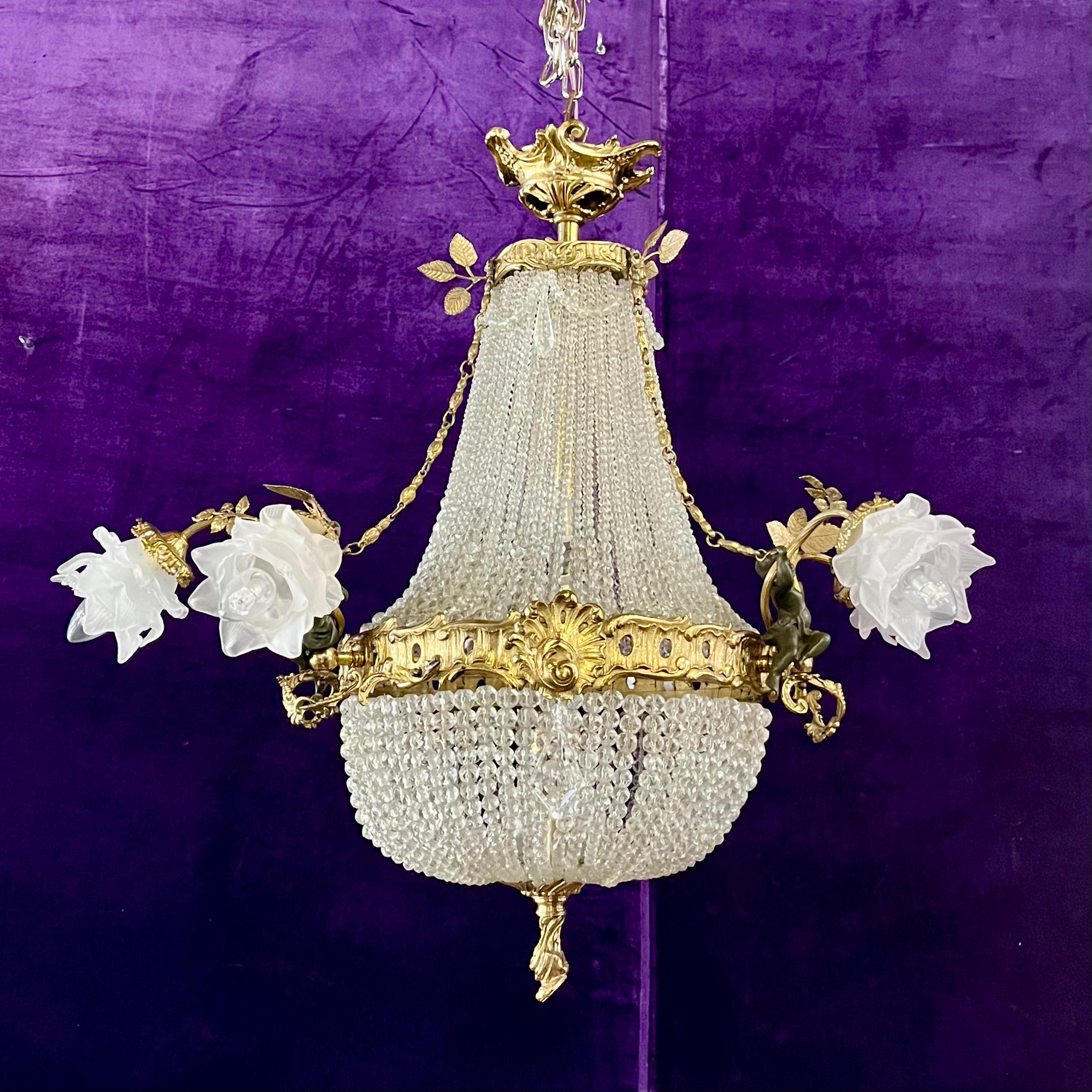 Elegant Neoclassical Chandelier with Cherubs and Frosted Rose Shades, c 1920 - SOLD