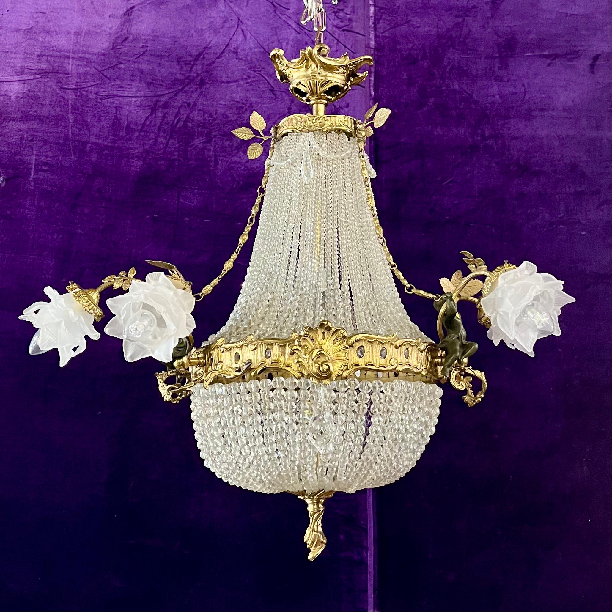 Elegant Neoclassical Chandelier with Cherubs and Frosted Rose Shades, c 1920 - SOLD