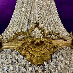 Rare Empire-Style Basket Chandelier with Cut Crystal and Gilded Brass, c. Late 19th Century