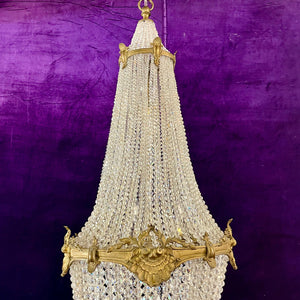 Rare Empire-Style Basket Chandelier with Cut Crystal and Gilded Brass, c. Late 19th Century