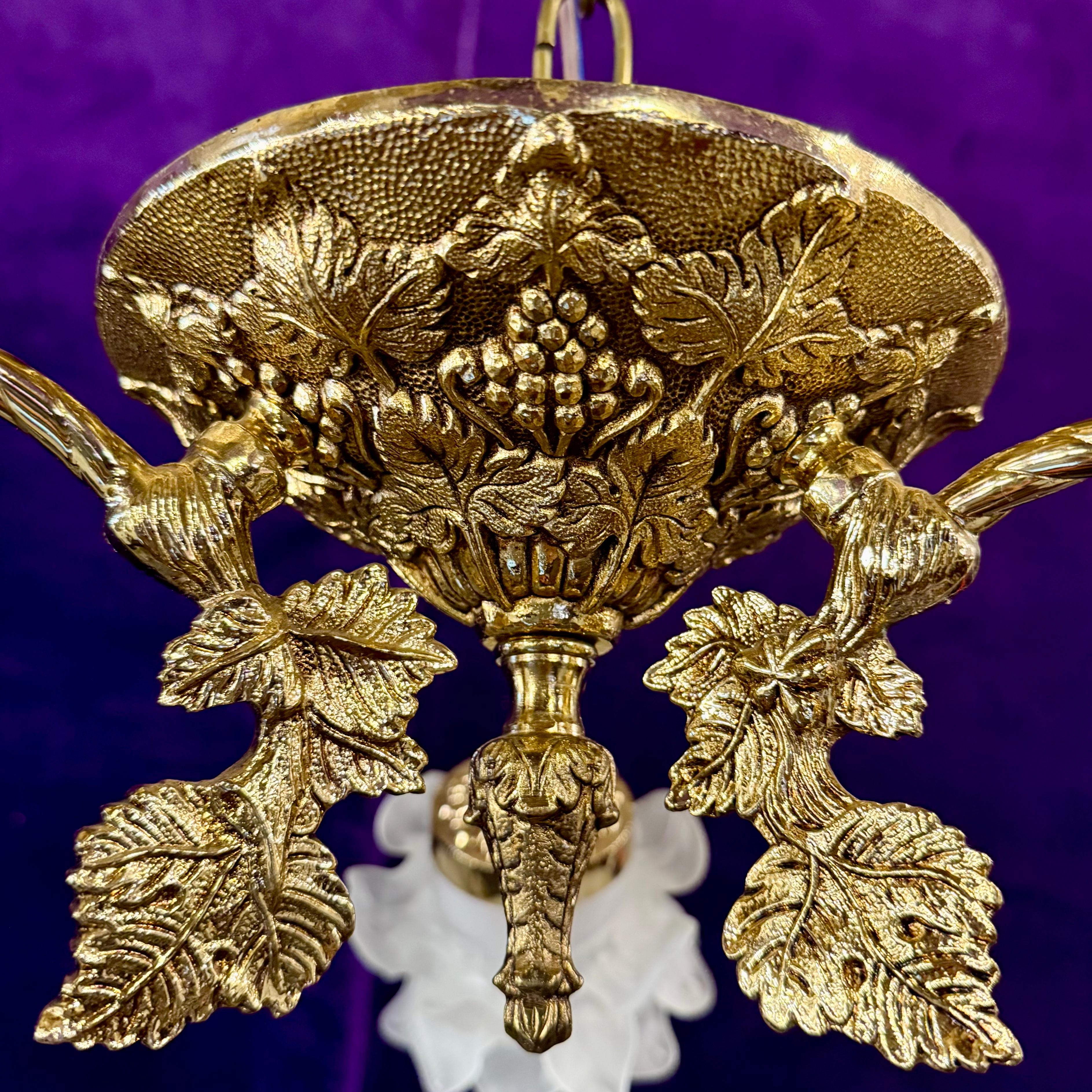 Cast Brass Three Arm Chandelier with Frosted Rose Globes