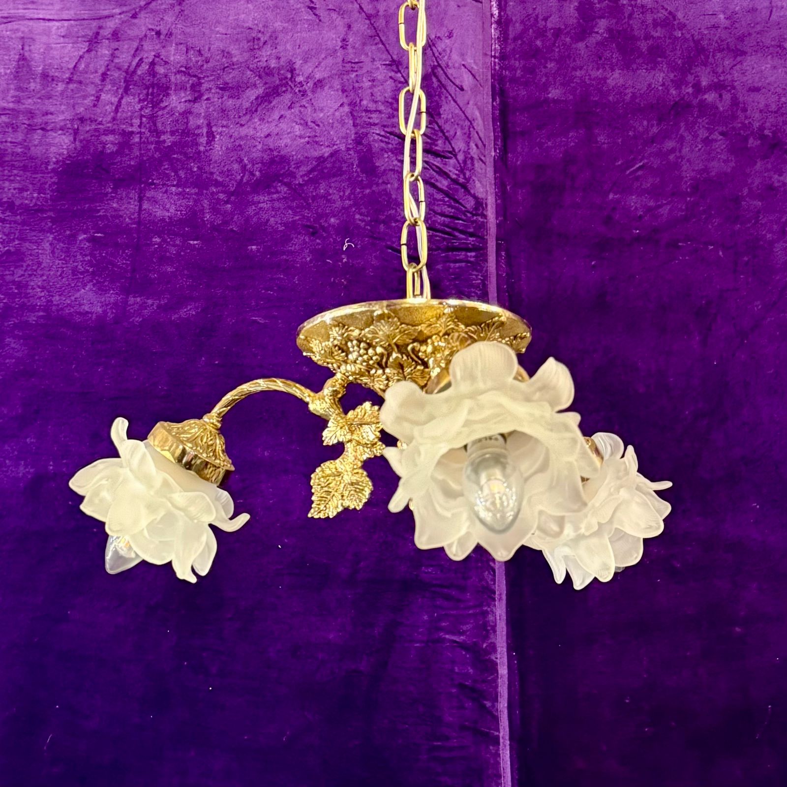 Cast Brass Three Arm Chandelier with Frosted Rose Globes