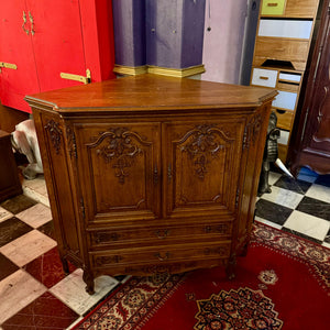 Carved French Oak Corner Cabinet with Drop-Down Shelf, c. Early 20th Century