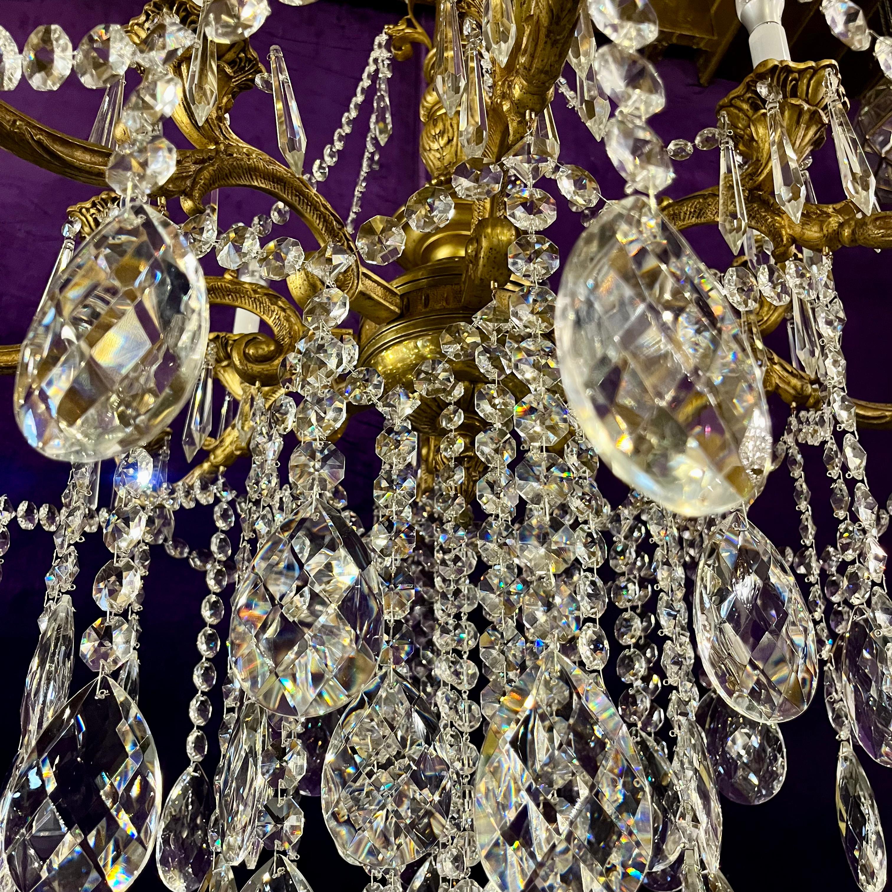 Stunning Antique French Large Brass and Crystal Chandelier - SOLD