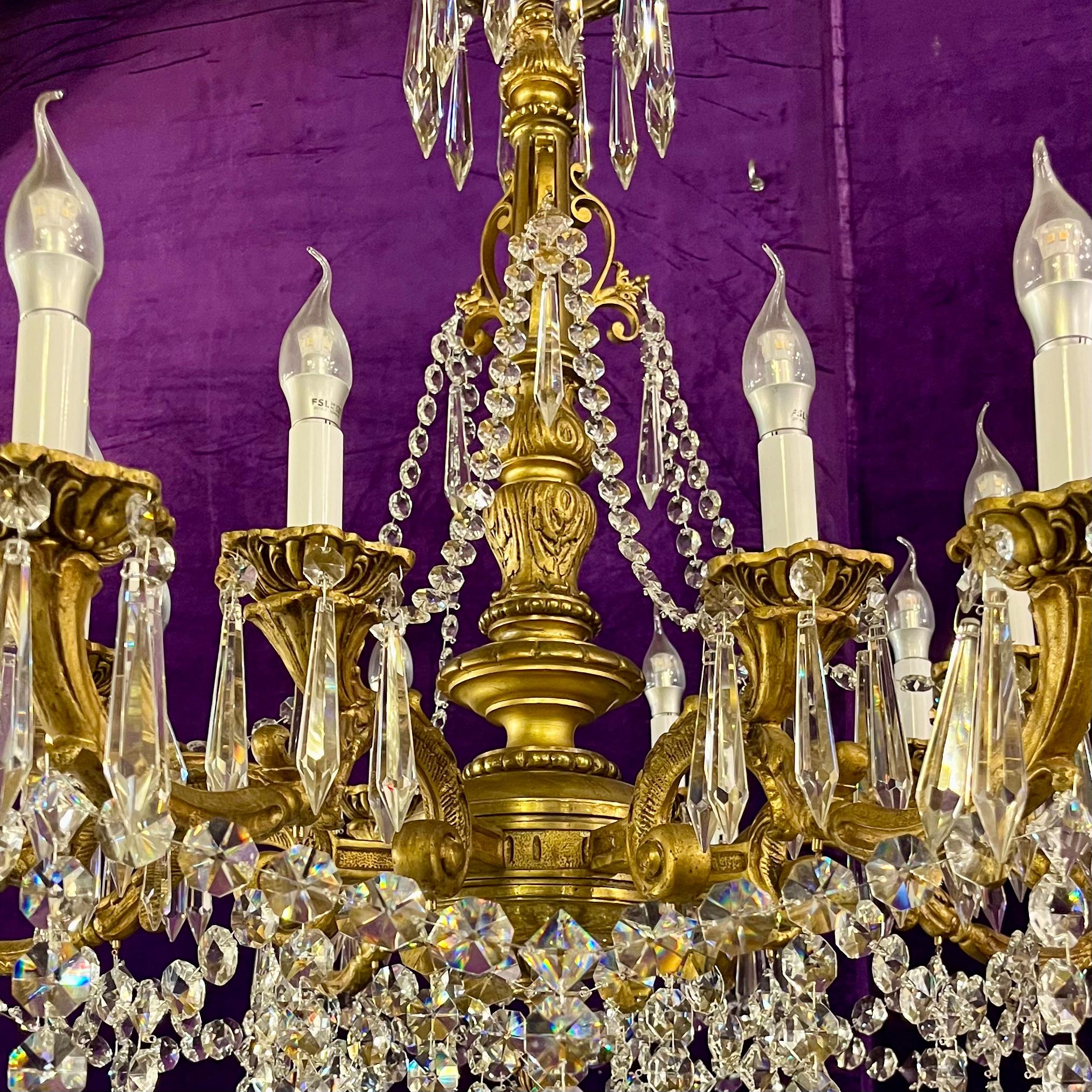 Stunning Antique French Large Brass and Crystal Chandelier - SOLD