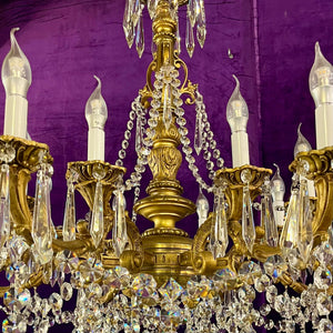 Stunning Antique French Large Brass and Crystal Chandelier - SOLD