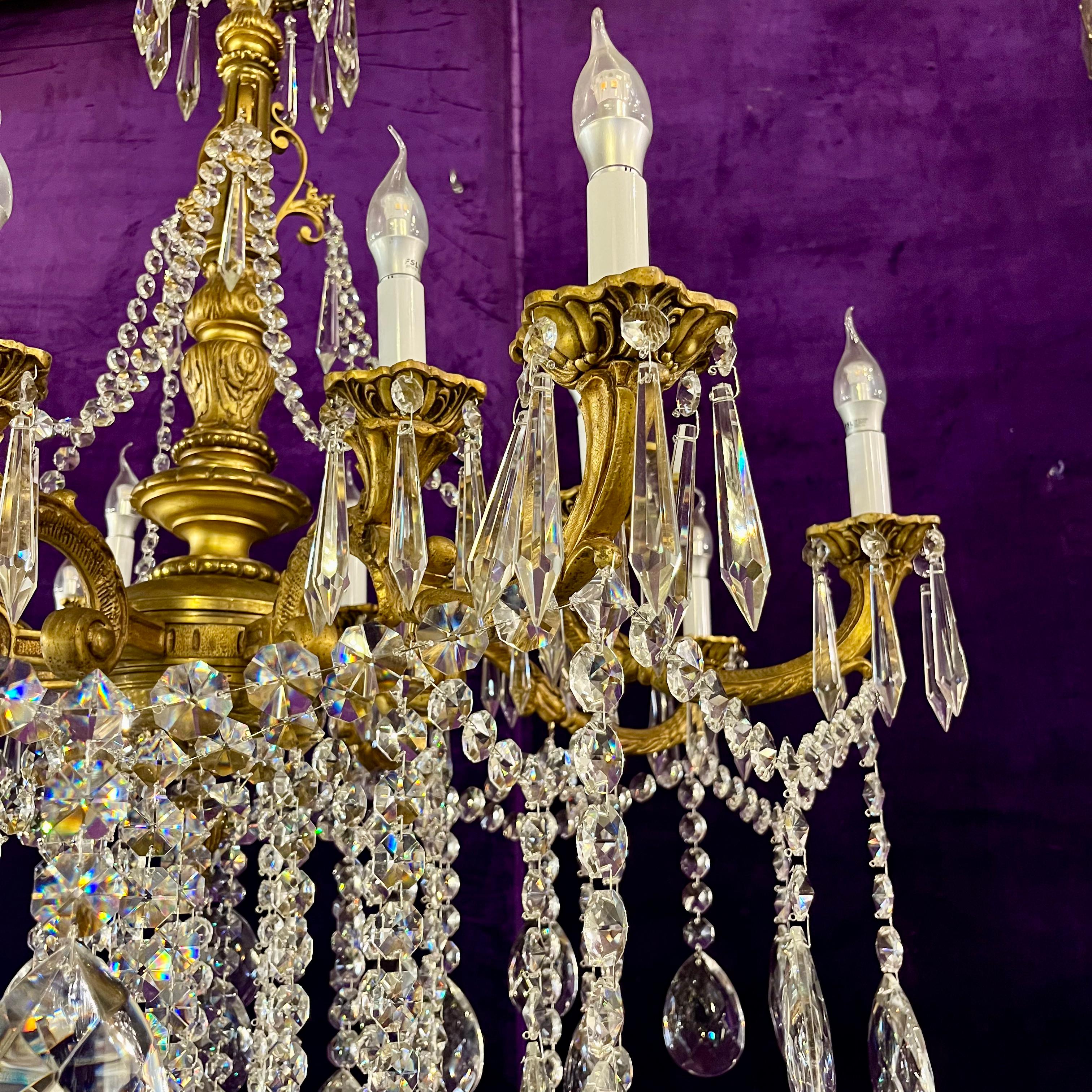 Stunning Antique French Large Brass and Crystal Chandelier - SOLD