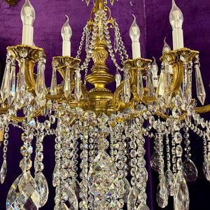 Stunning Antique French Large Brass and Crystal Chandelier - SOLD