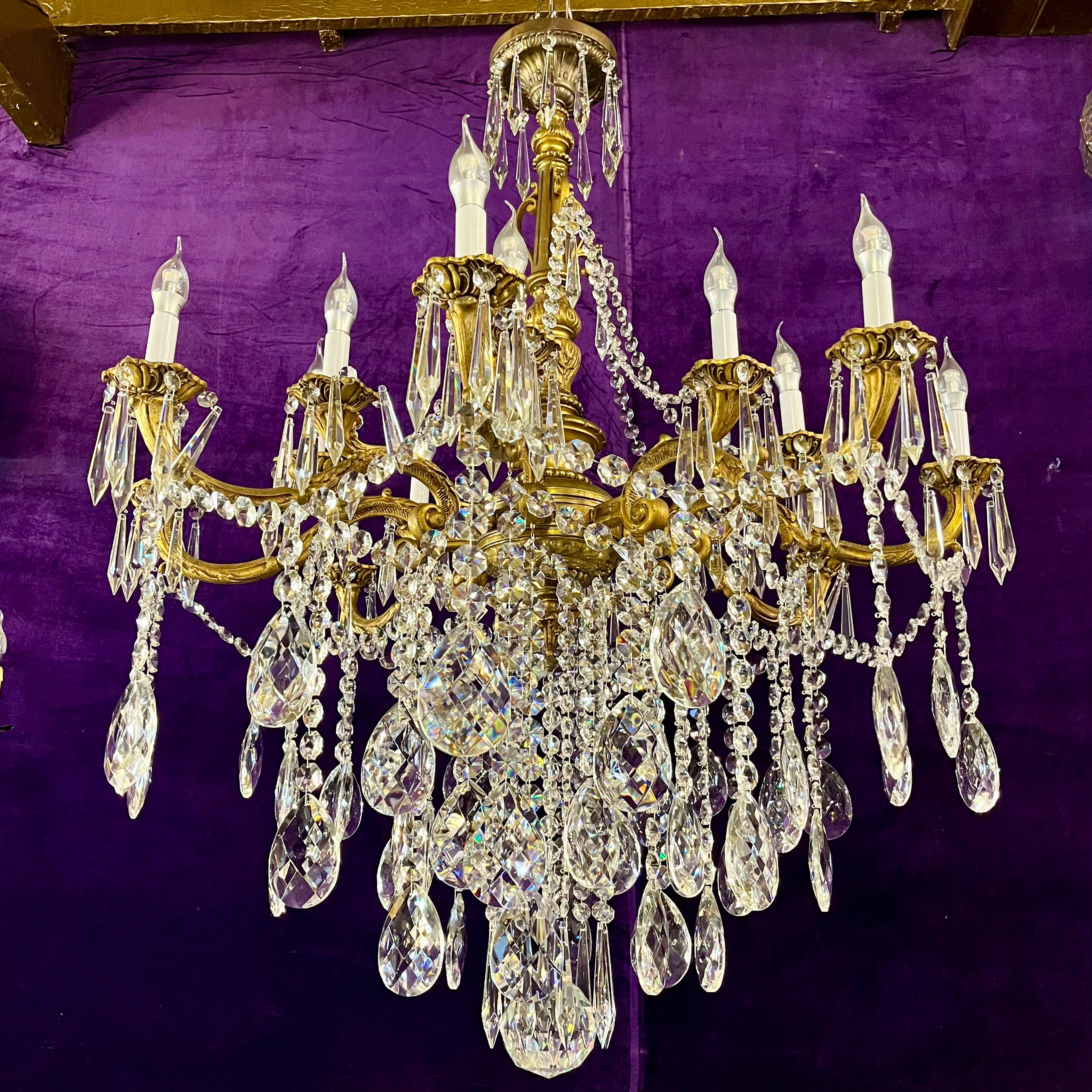 Stunning Antique French Large Brass and Crystal Chandelier - SOLD