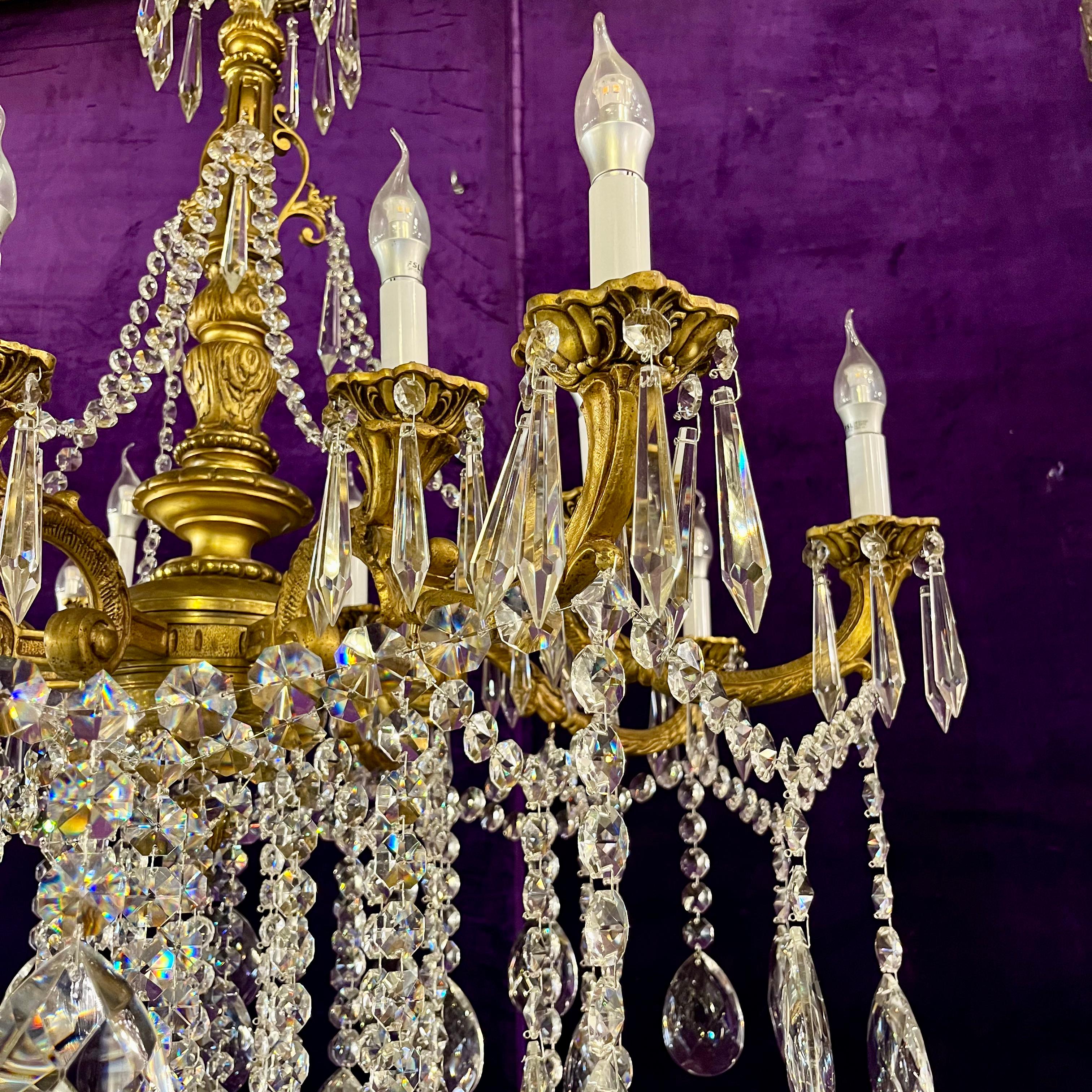 Stunning Antique French Large Brass and Crystal Chandelier - SOLD