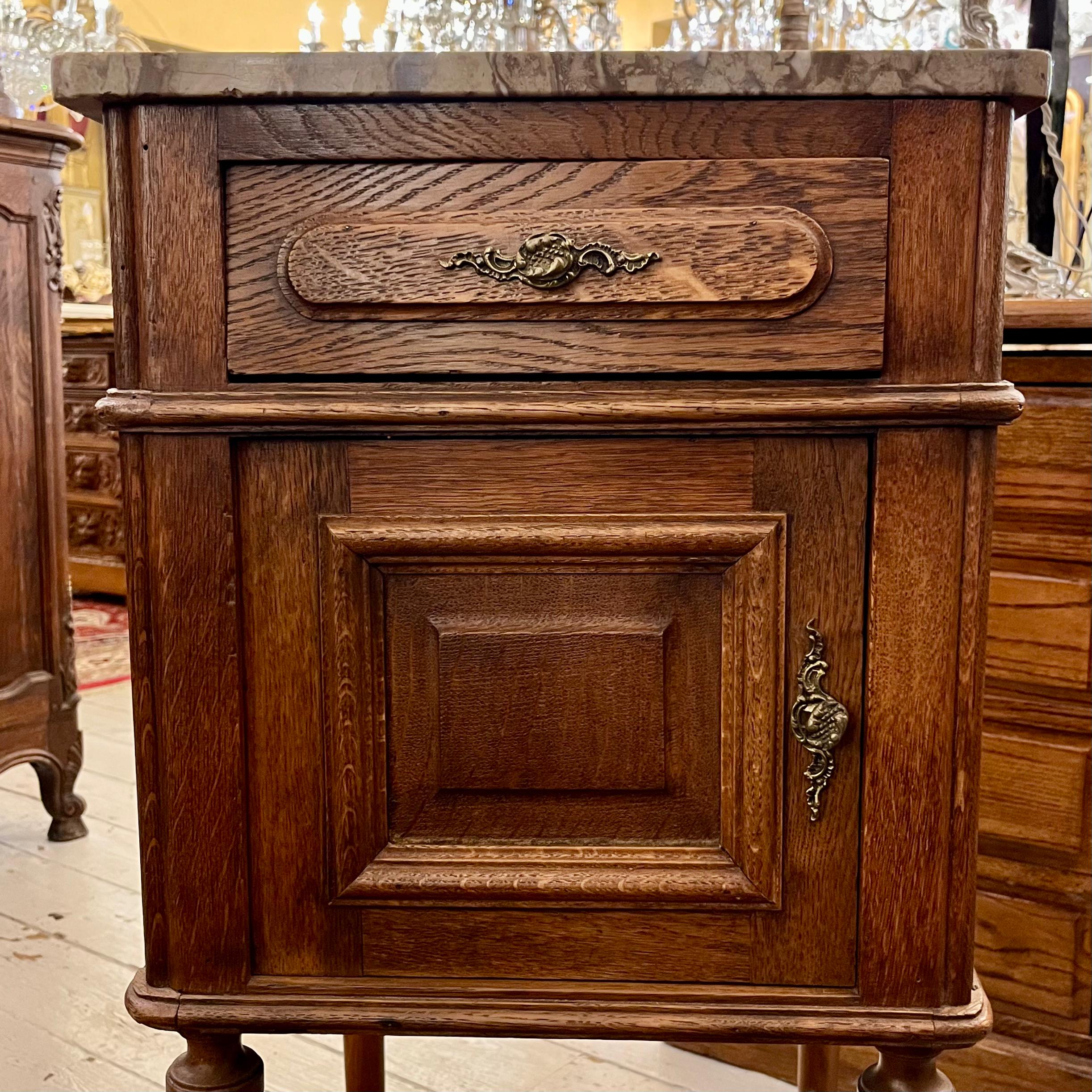 Pair of Oak Nightstands with Marble Tops, Late 19th Century