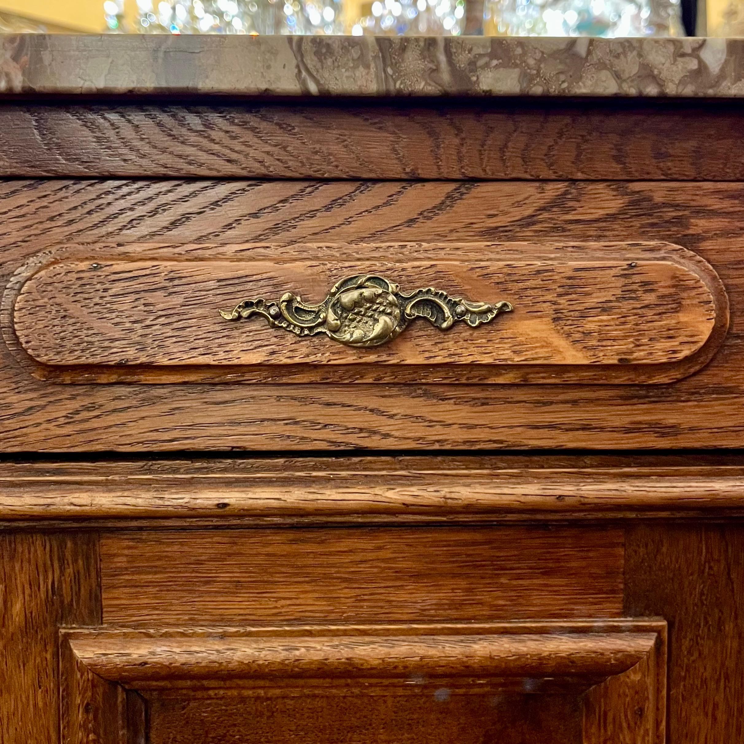 Pair of Oak Nightstands with Marble Tops, Late 19th Century