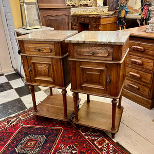 Pair of Oak Nightstands with Marble Tops, Late 19th Century