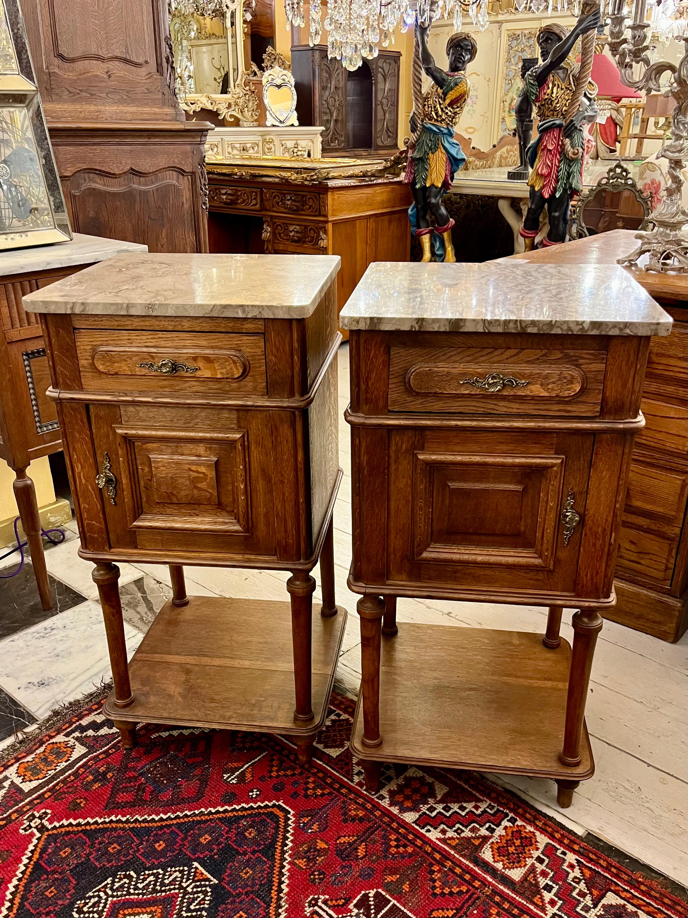 Pair of Oak Nightstands with Marble Tops, Late 19th Century