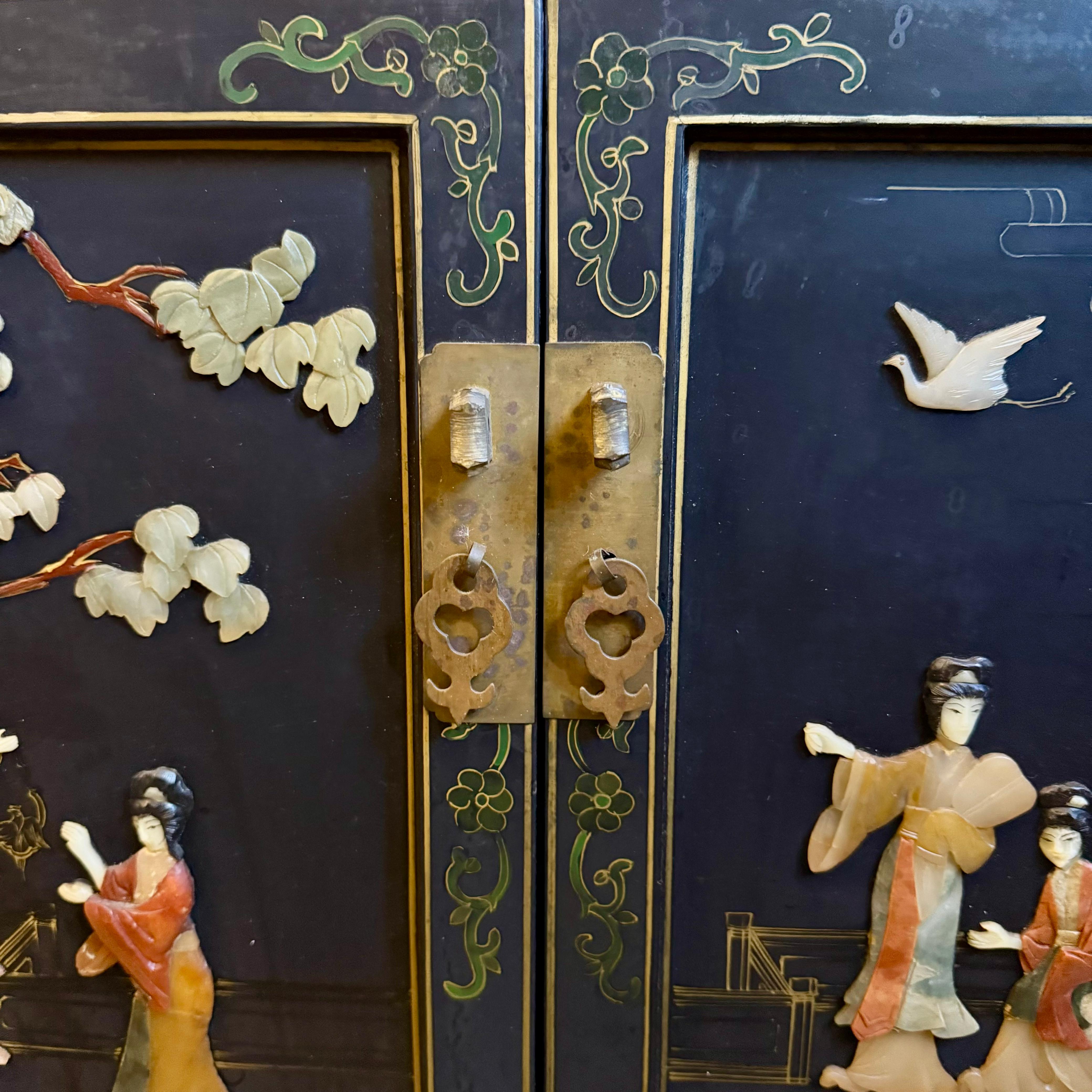 Chinese Lacquer Cabinet with Hardstone Detail, Mid-20th Century - SOLD