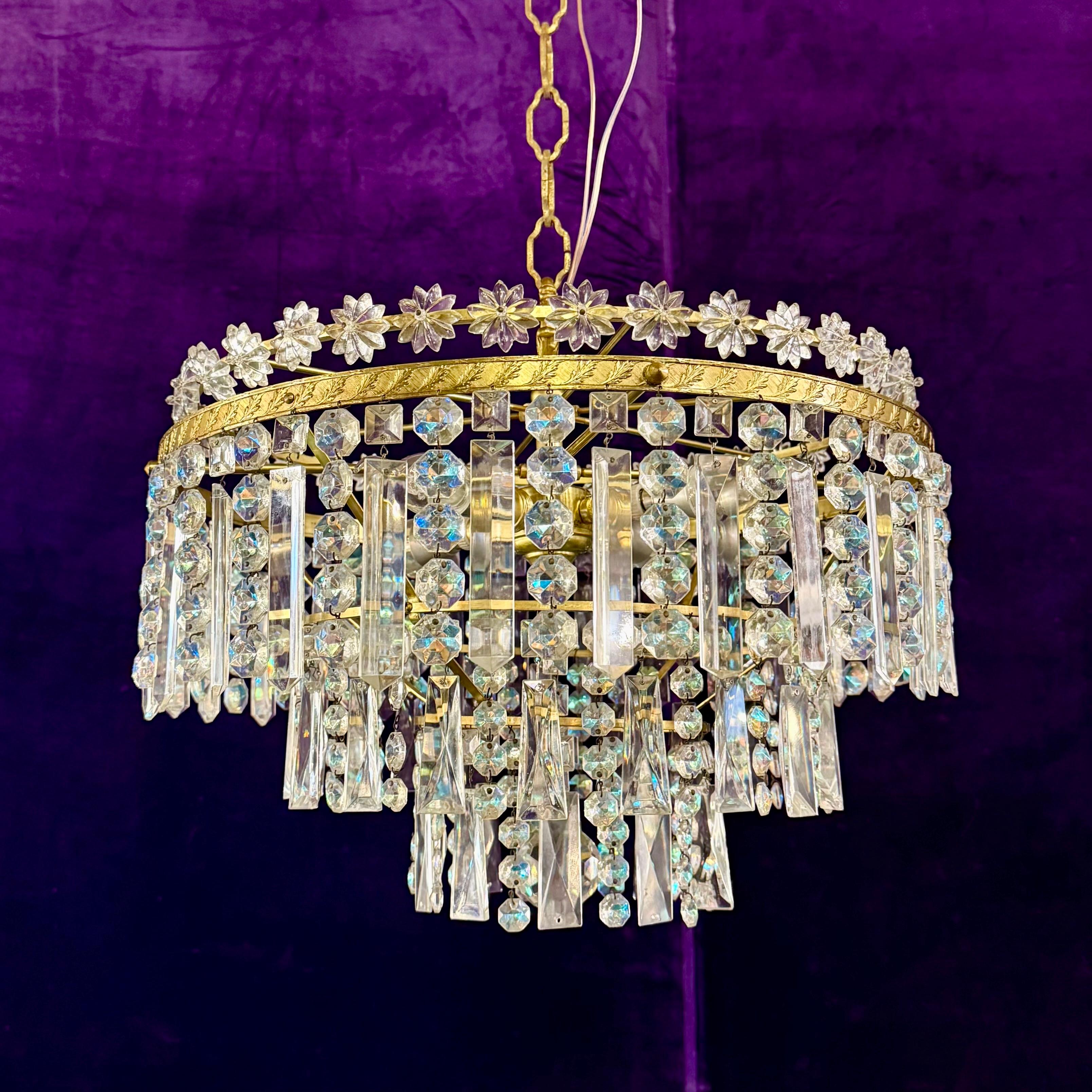 Vintage Crystal Chandelier with Floral Crown and Gilt Brass Frame, Italian, c. 1950s - SOLD