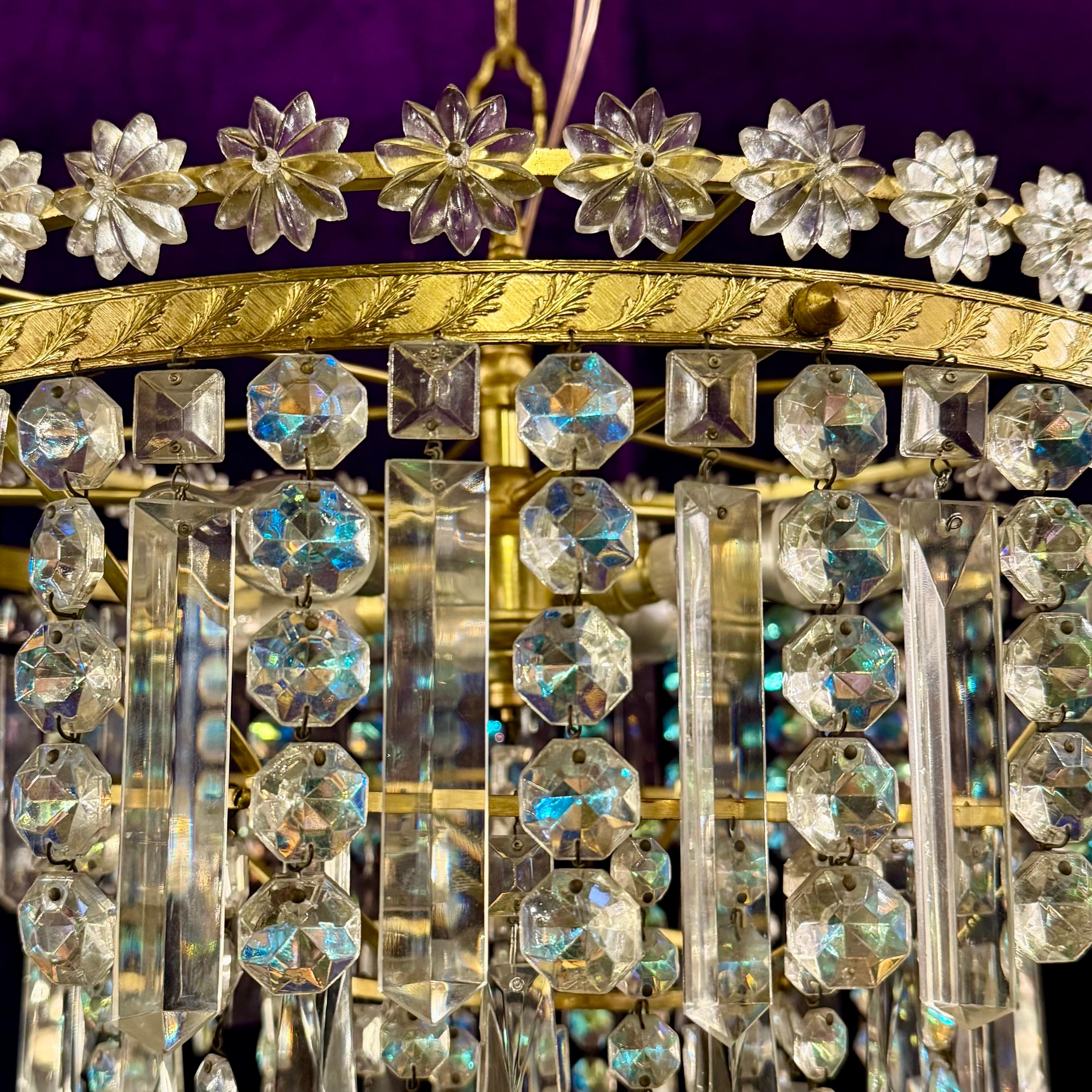 Vintage Crystal Chandelier with Floral Crown and Gilt Brass Frame, Italian, c. 1950s - SOLD