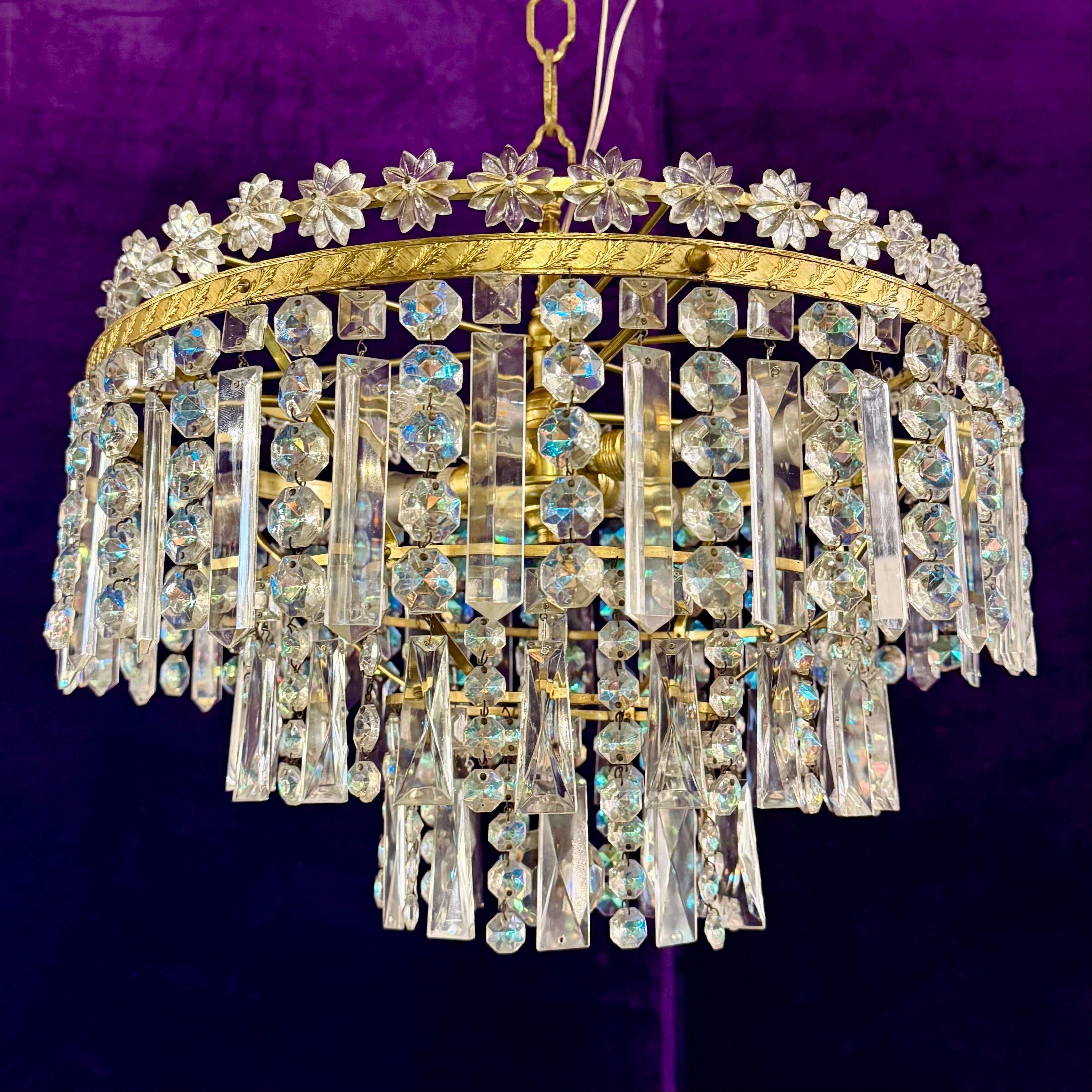 Vintage Crystal Chandelier with Floral Crown and Gilt Brass Frame, Italian, c. 1950s - SOLD
