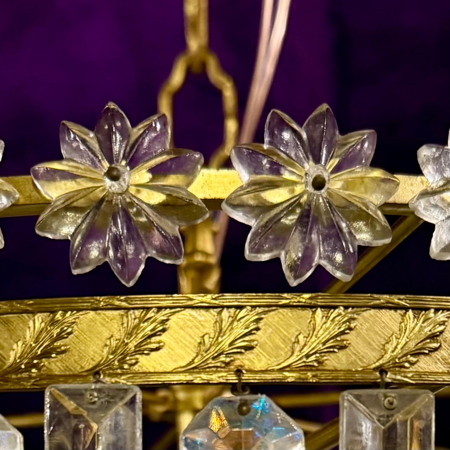 Vintage Crystal Chandelier with Floral Crown and Gilt Brass Frame, Italian, c. 1950s - SOLD