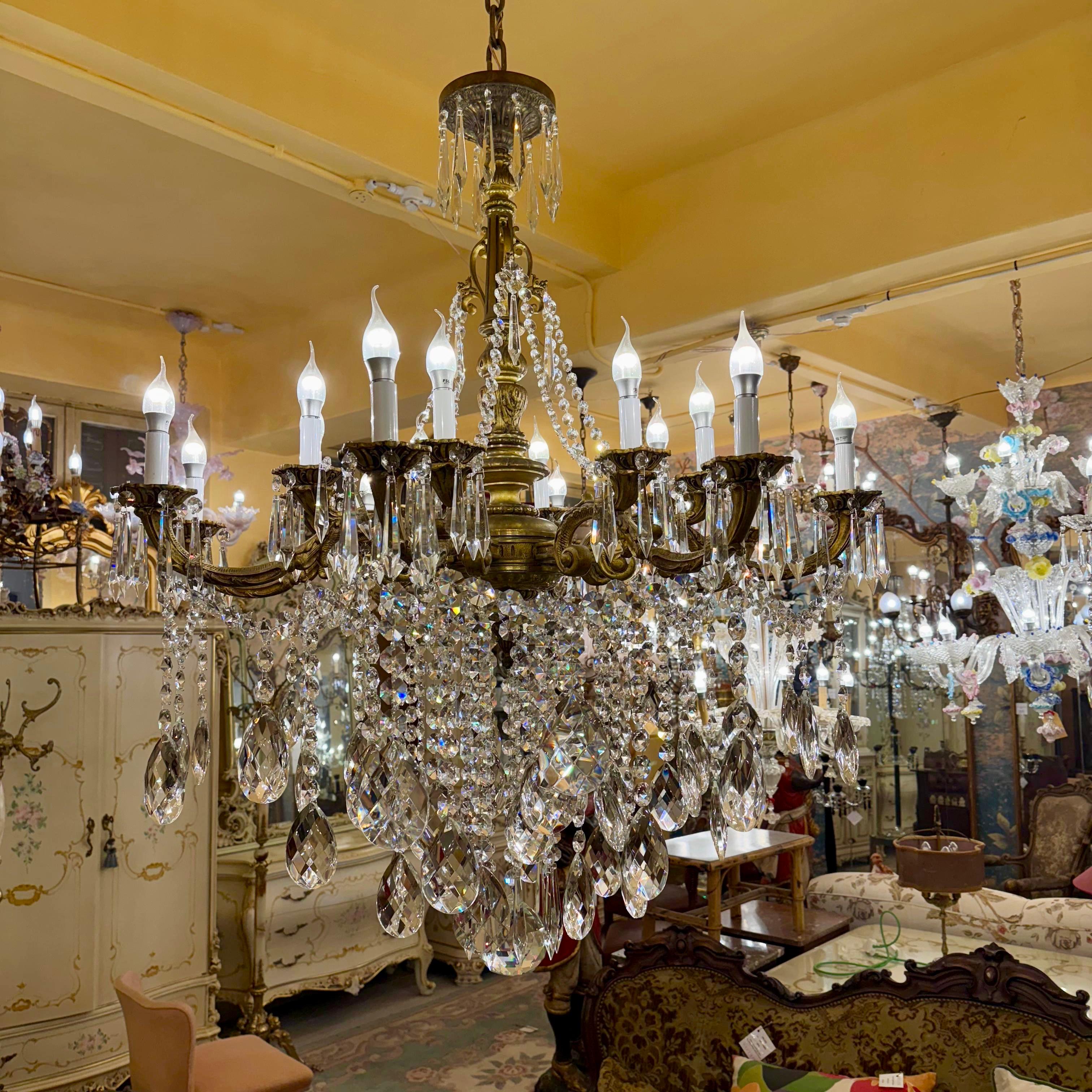 Stunning Antique French Large Brass and Crystal Chandelier - SOLD