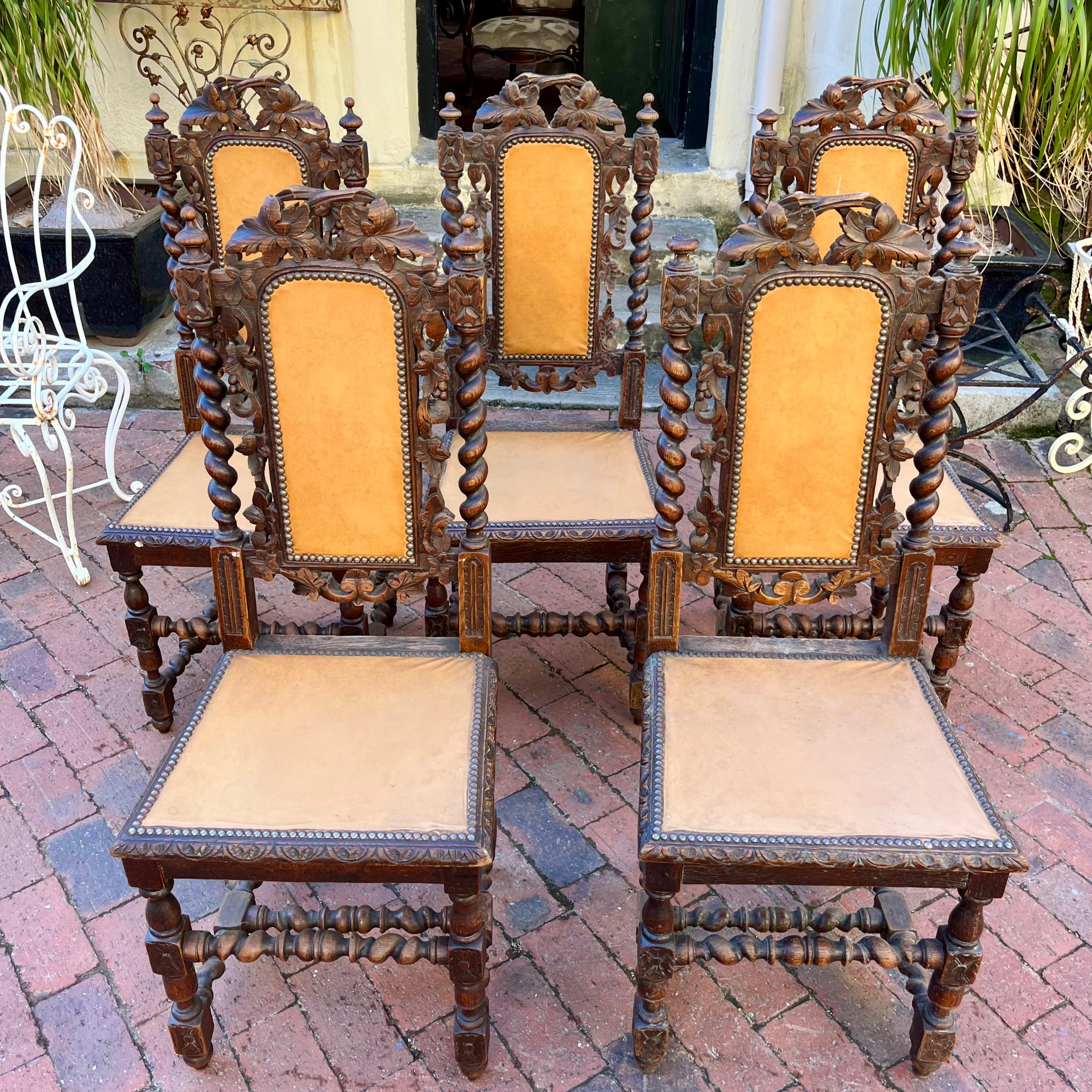 Set of 5 Antique Carved Oak Dining Chairs