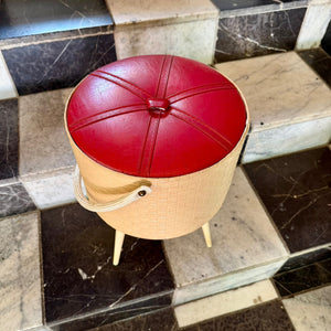 Mid-Century Woven Sewing Box with Red Vinyl Lid, European, c.1960s
