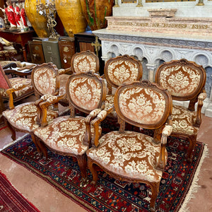 Set of Six Louis XV Style Walnut Armchairs, French, Late 19th Century