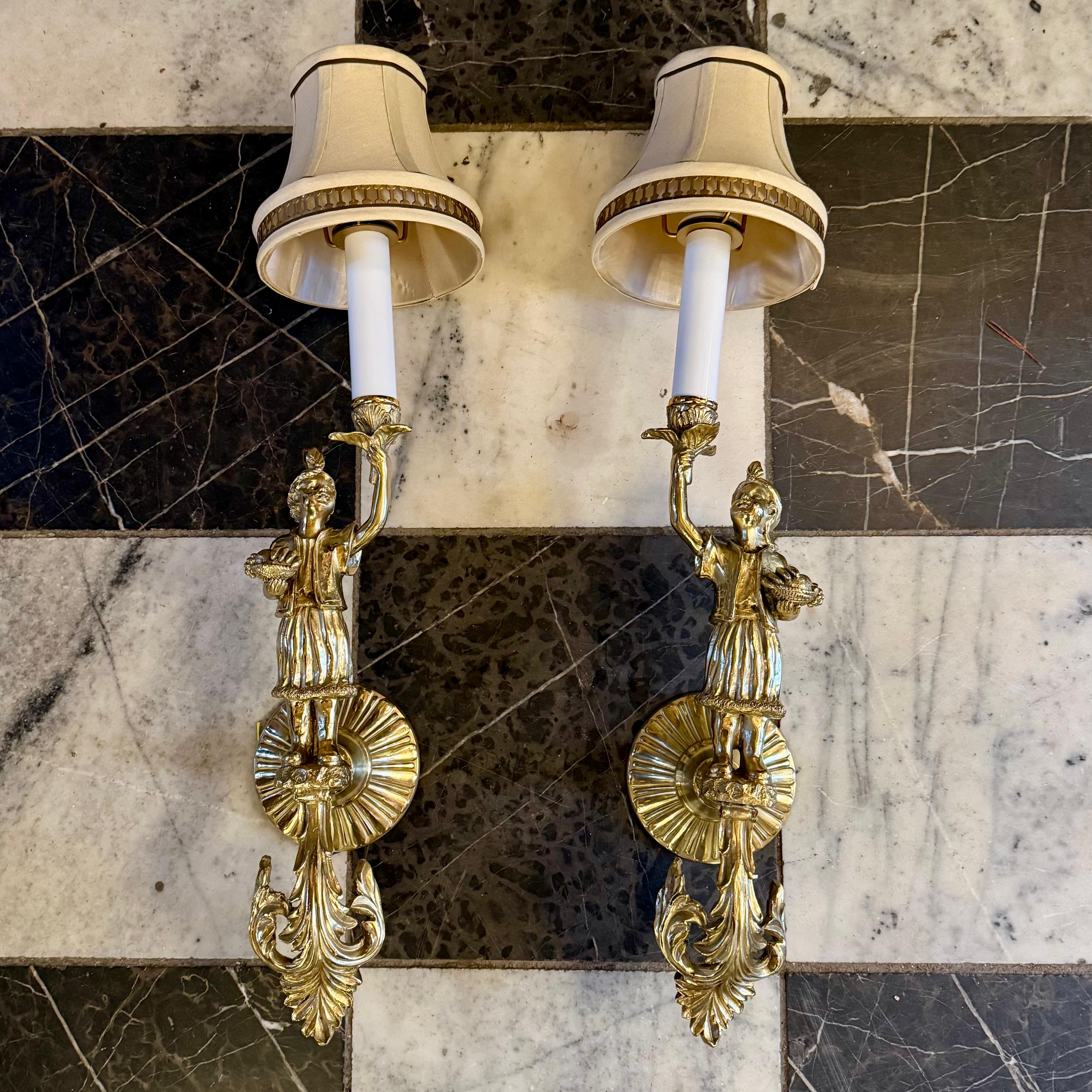 Antique Pair of Polished Brass Figural Wall Sconces - SOLD