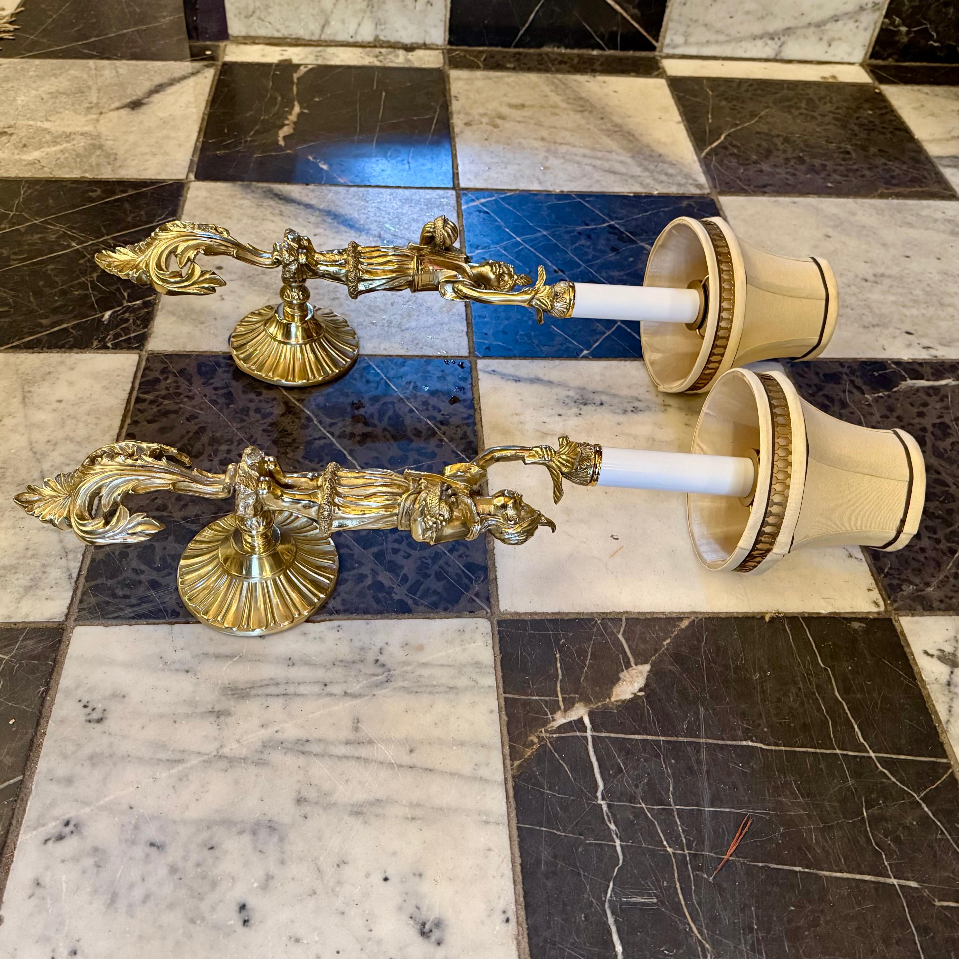 Antique Pair of Polished Brass Figural Wall Sconces - SOLD