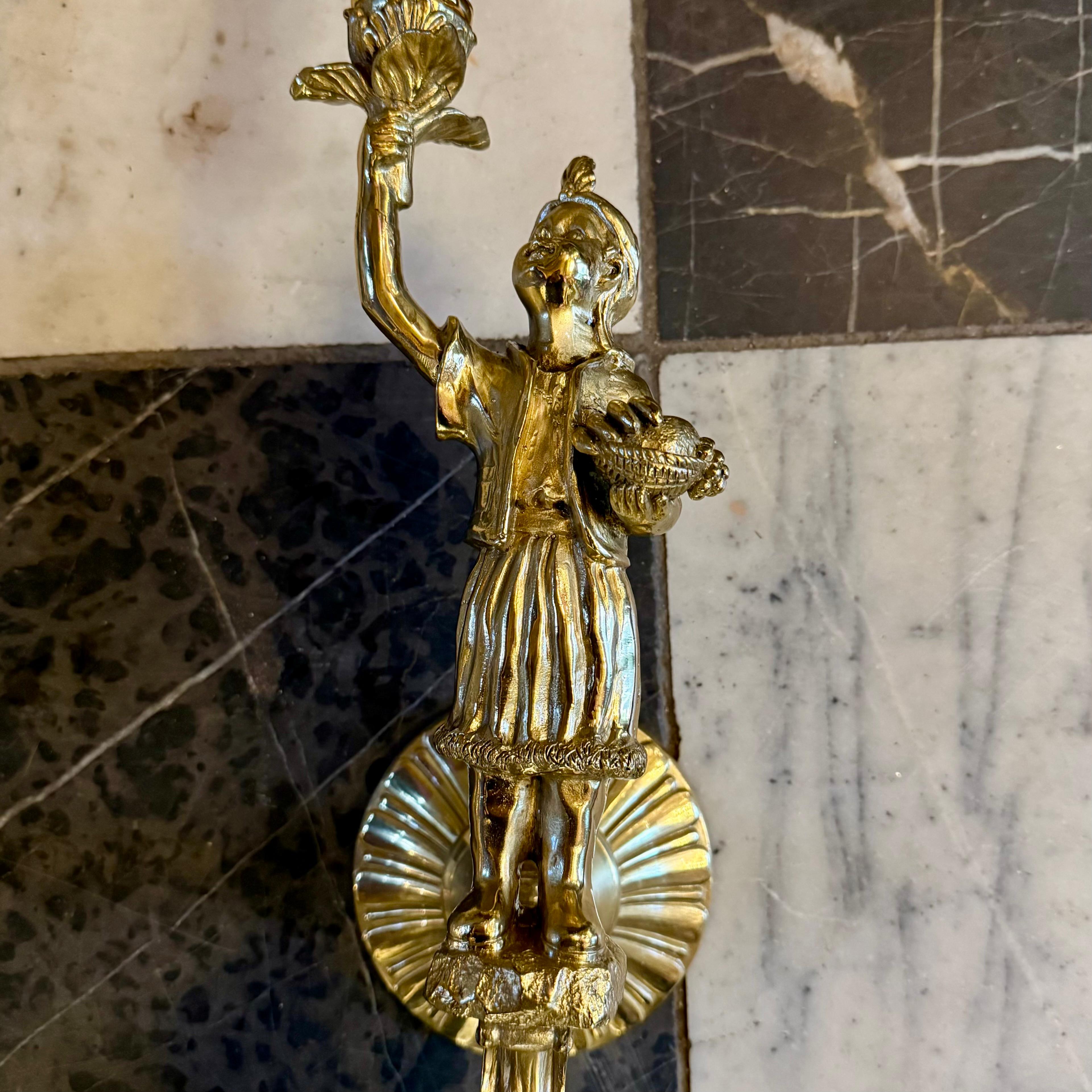 Antique Pair of Polished Brass Figural Wall Sconces - SOLD