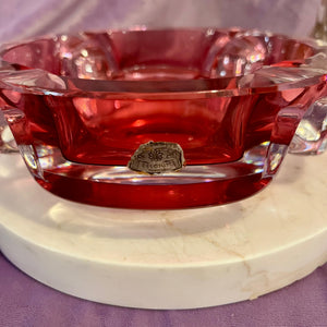 Vintage Ruby Red Glass Ashtray, Val St. Lambert Style, Belgium c. 1950s