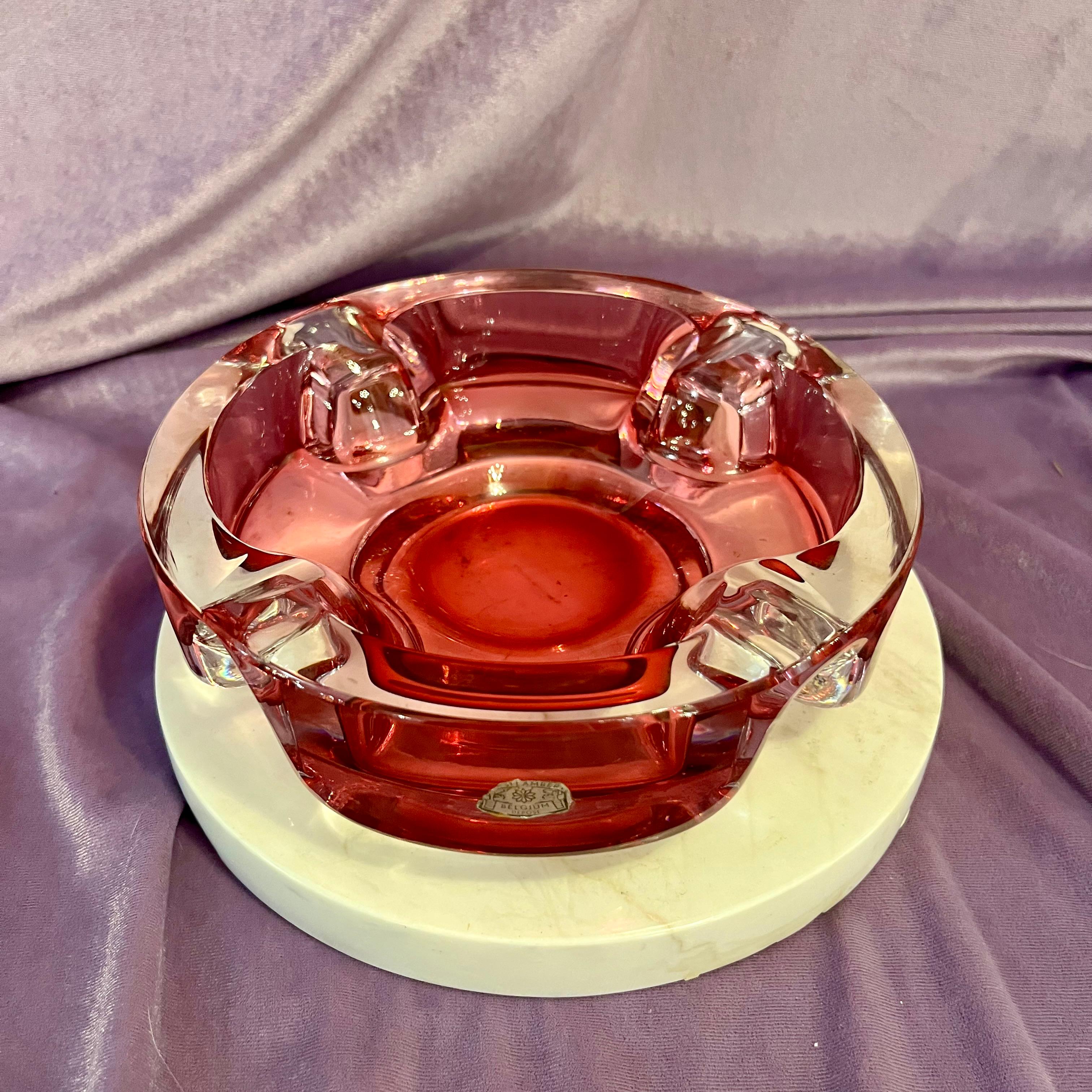 Vintage Ruby Red Glass Ashtray, Val St. Lambert Style, Belgium c. 1950s