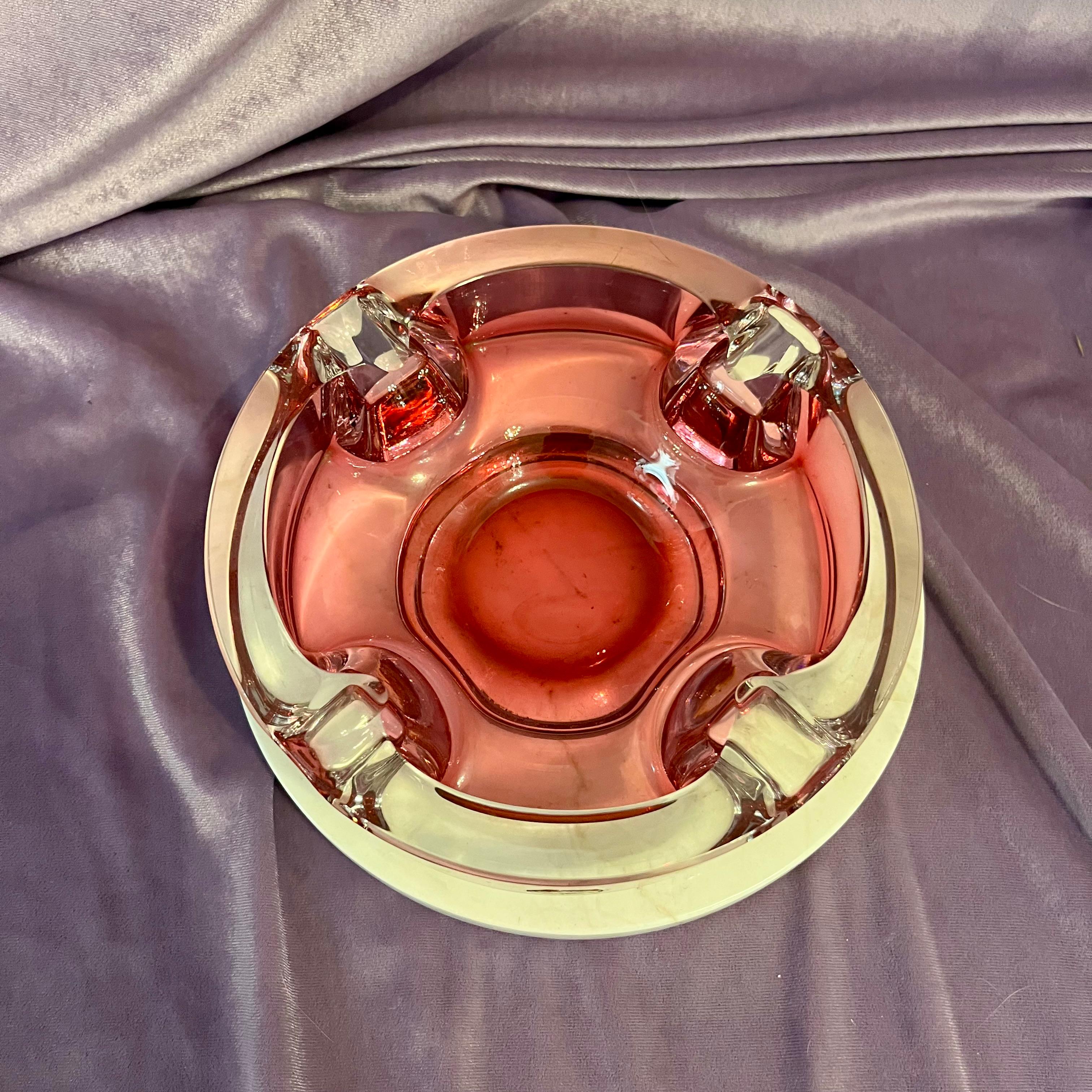 Vintage Ruby Red Glass Ashtray, Val St. Lambert Style, Belgium c. 1950s