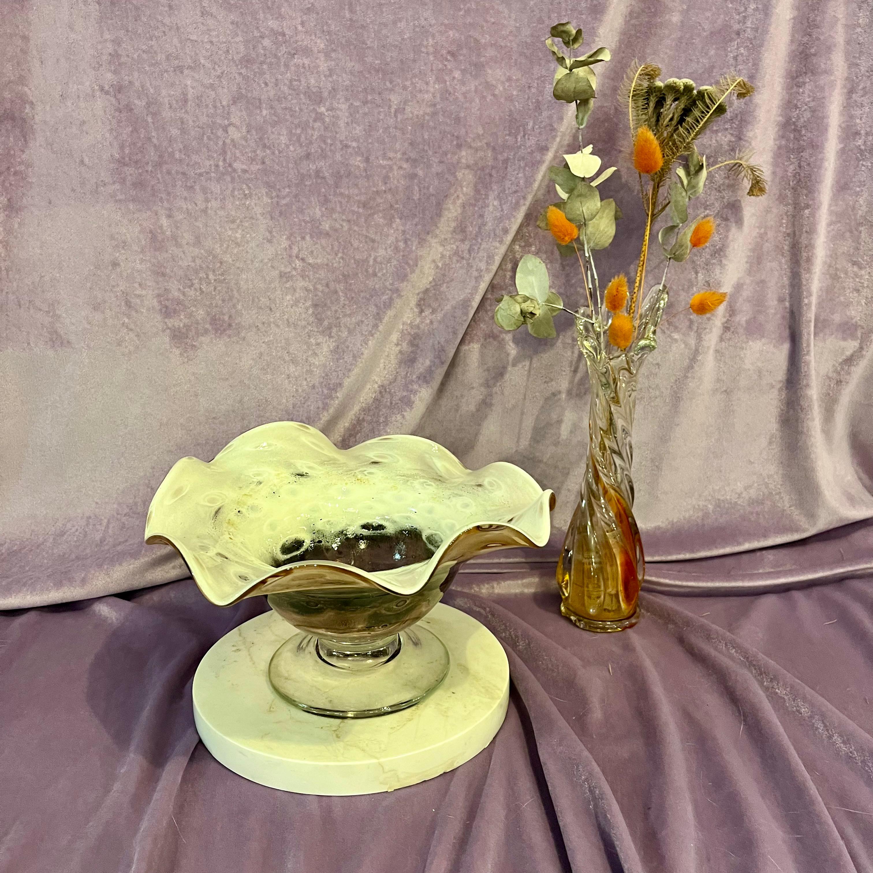 Cream and Caramel Murine Glass Bowl on Marble Base, c. Mid-20th Century