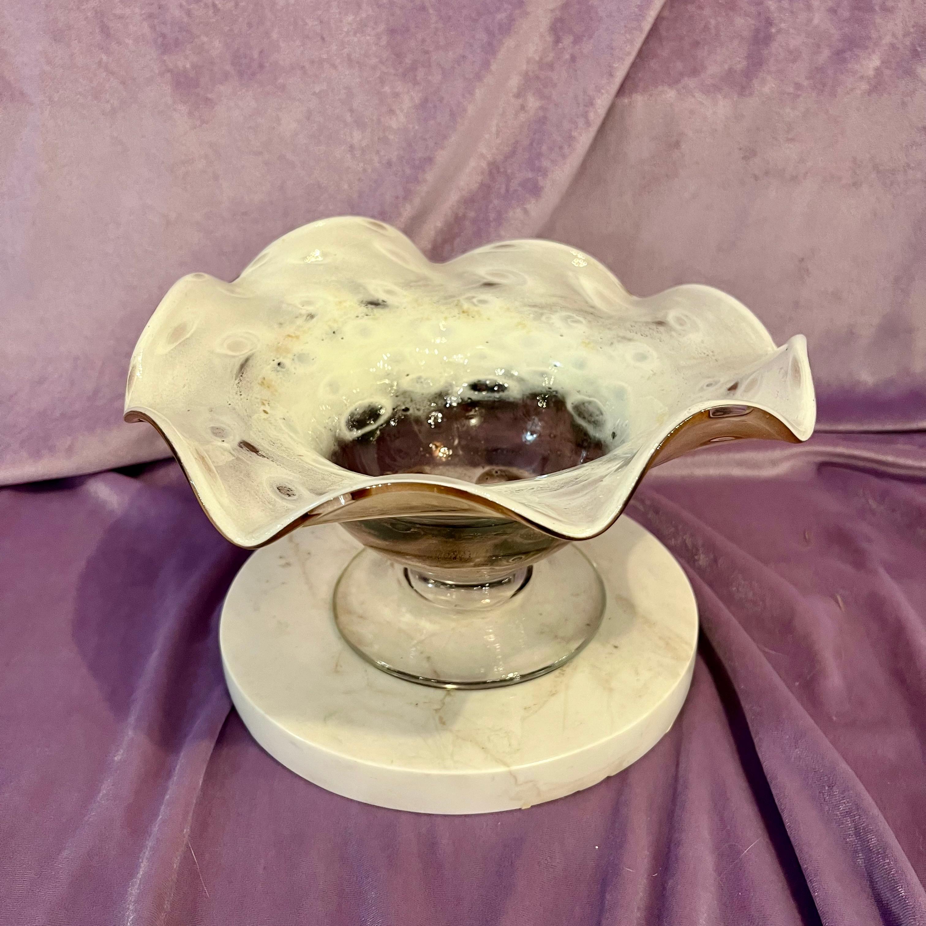 Cream and Caramel Murine Glass Bowl on Marble Base, c. Mid-20th Century