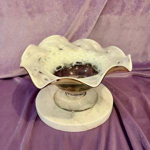 Cream and Caramel Murine Glass Bowl on Marble Base, c. Mid-20th Century