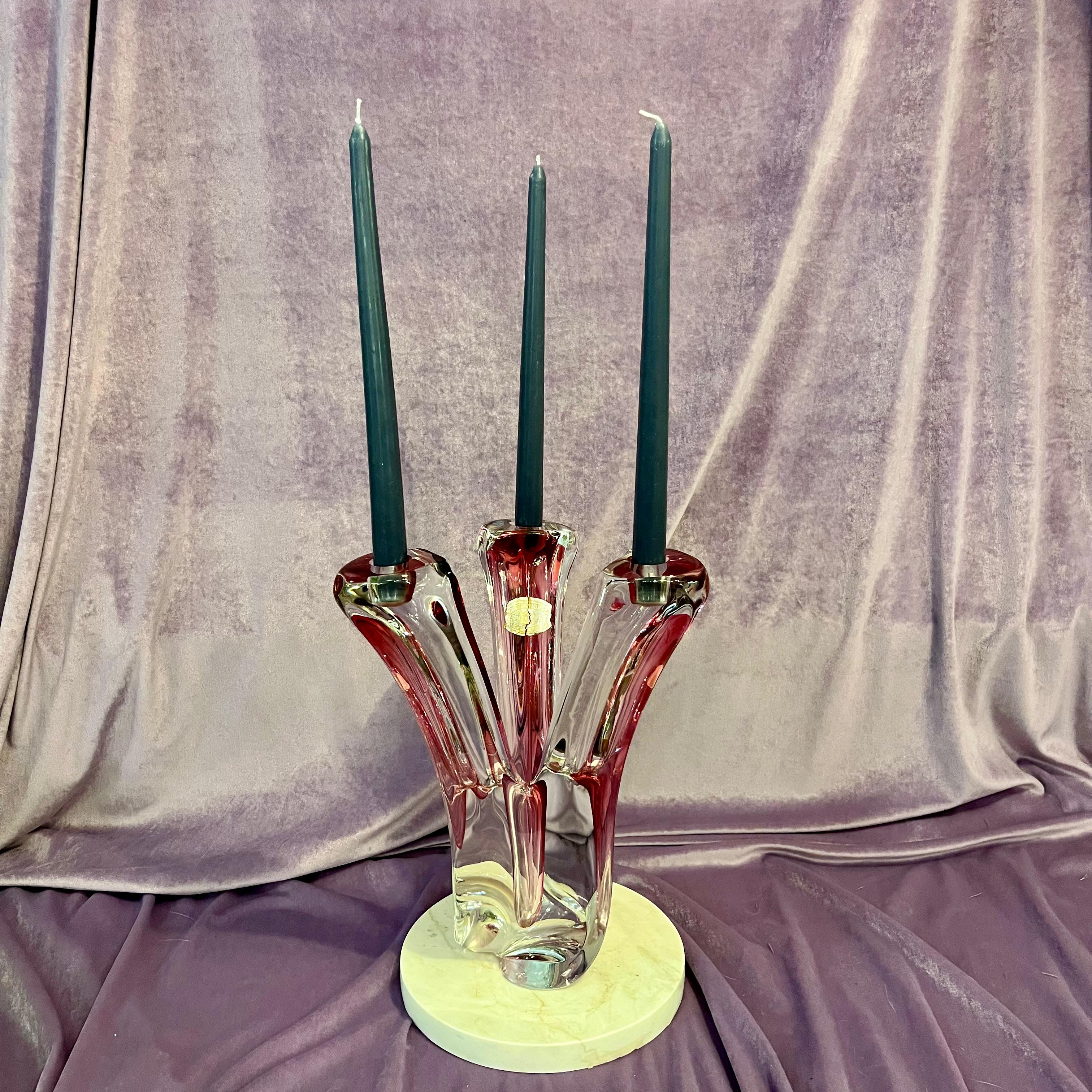 Belgian Mid-Century Red Sommerso Art Glass Candelabra by Val Saint Lambert, c. 1960s