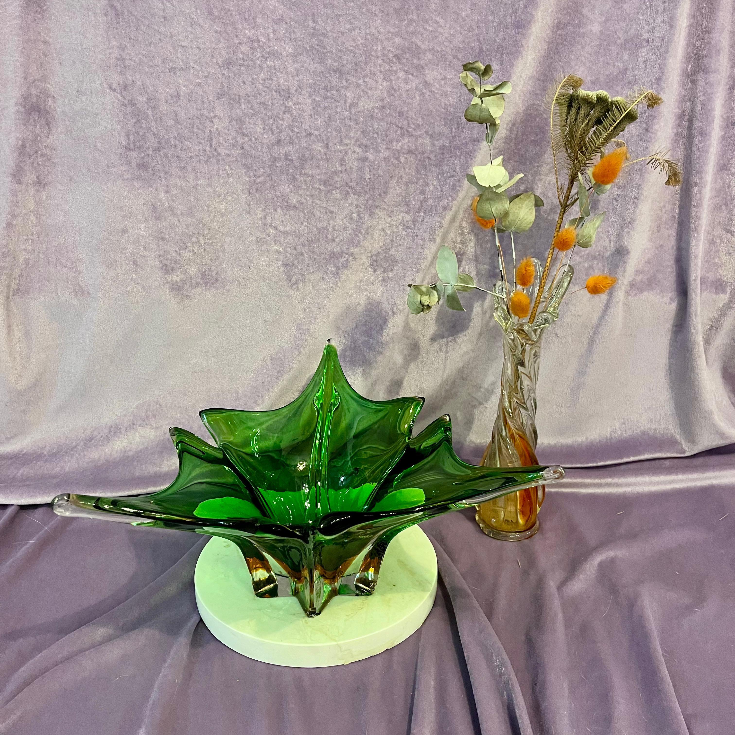 Large Green Murano-Style Art Glass Centrepiece on Marble Base, c. Mid-20th Century