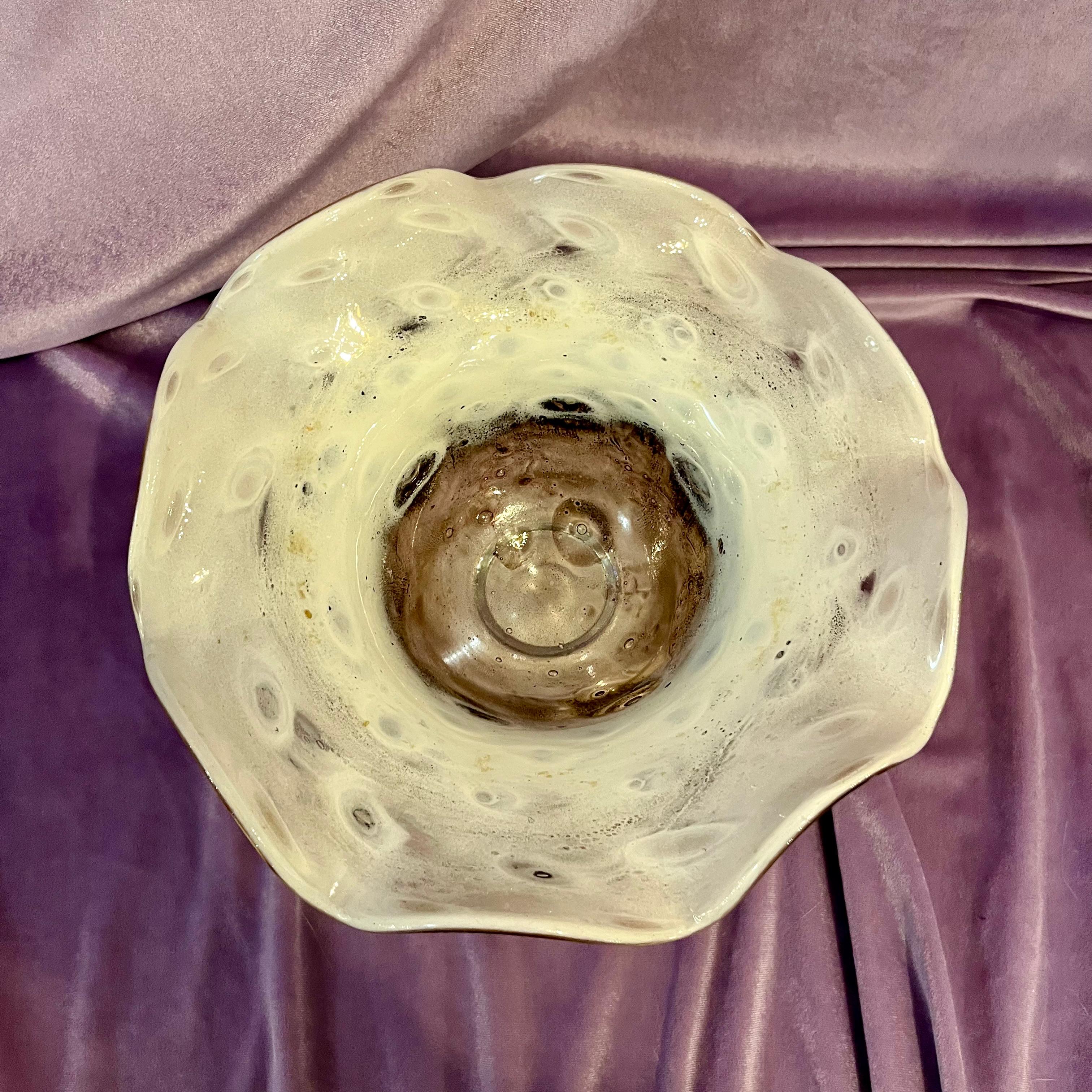 Cream and Caramel Murine Glass Bowl on Marble Base, c. Mid-20th Century