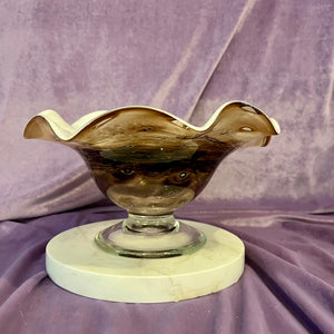 Cream and Caramel Murine Glass Bowl on Marble Base, c. Mid-20th Century