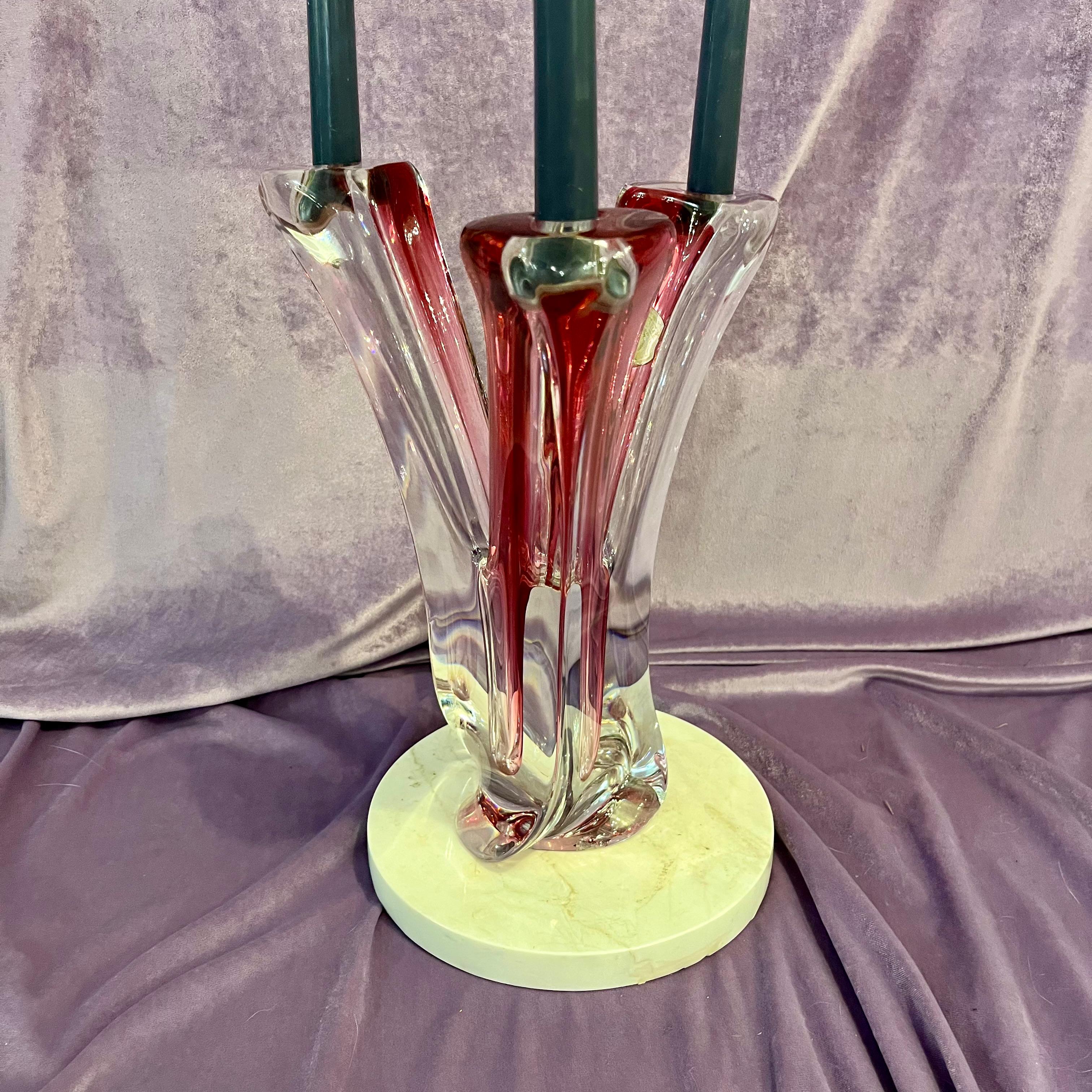 Belgian Mid-Century Red Sommerso Art Glass Candelabra by Val Saint Lambert, c. 1960s