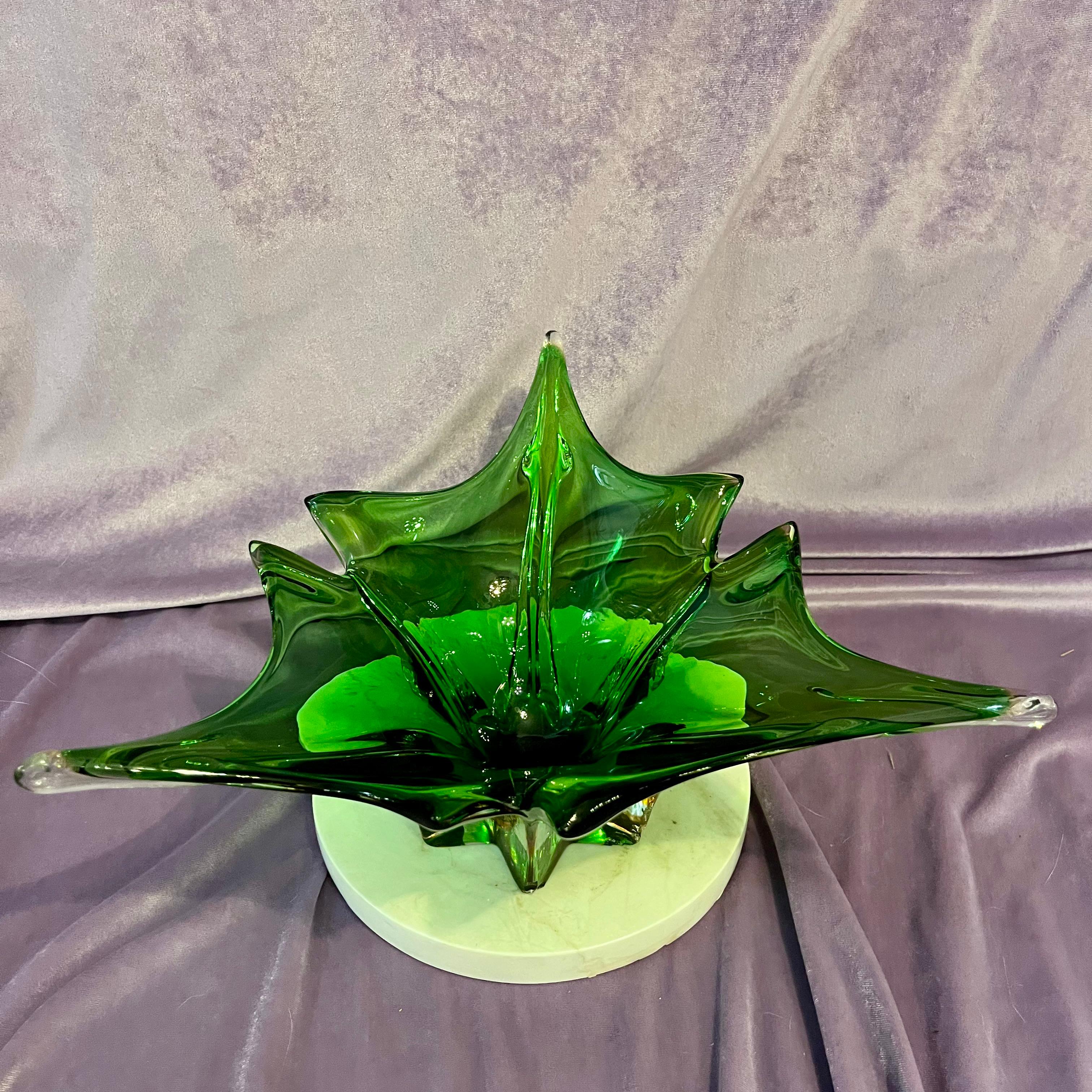 Large Green Murano-Style Art Glass Centrepiece on Marble Base, c. Mid-20th Century