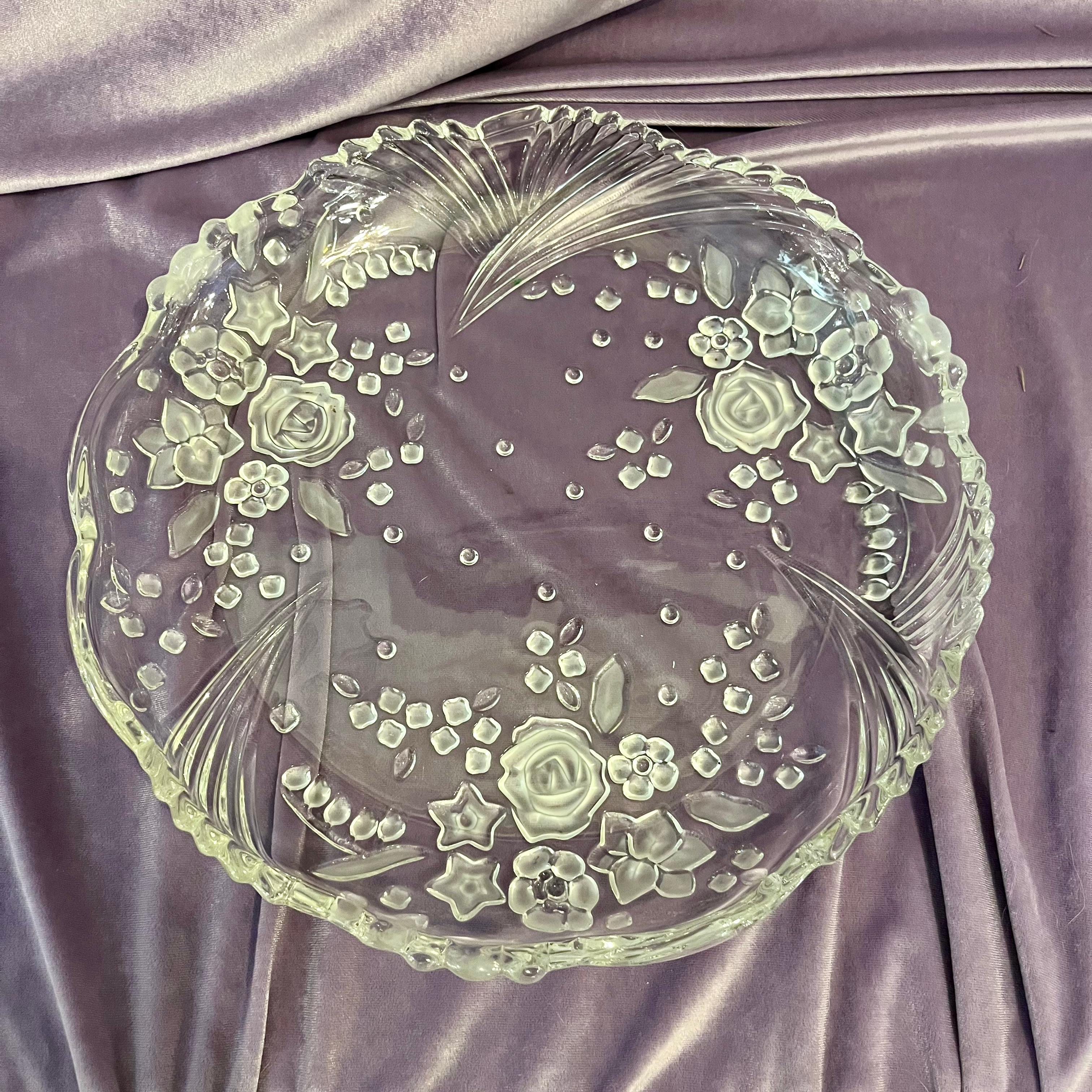 Vintage Pressed Glass Serving Platter with Frosted Floral Fan Motif