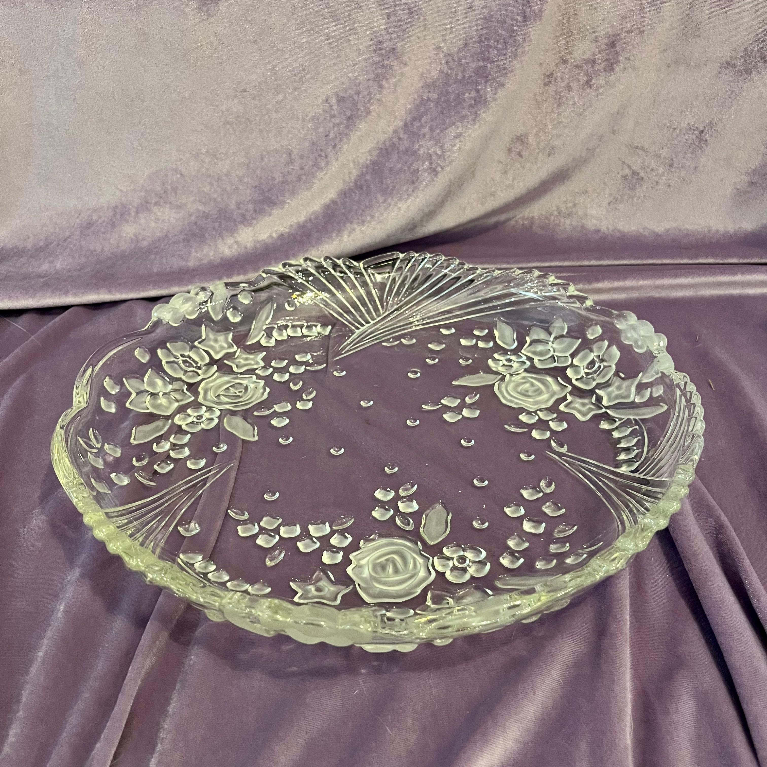 Vintage Pressed Glass Serving Platter with Frosted Floral Fan Motif