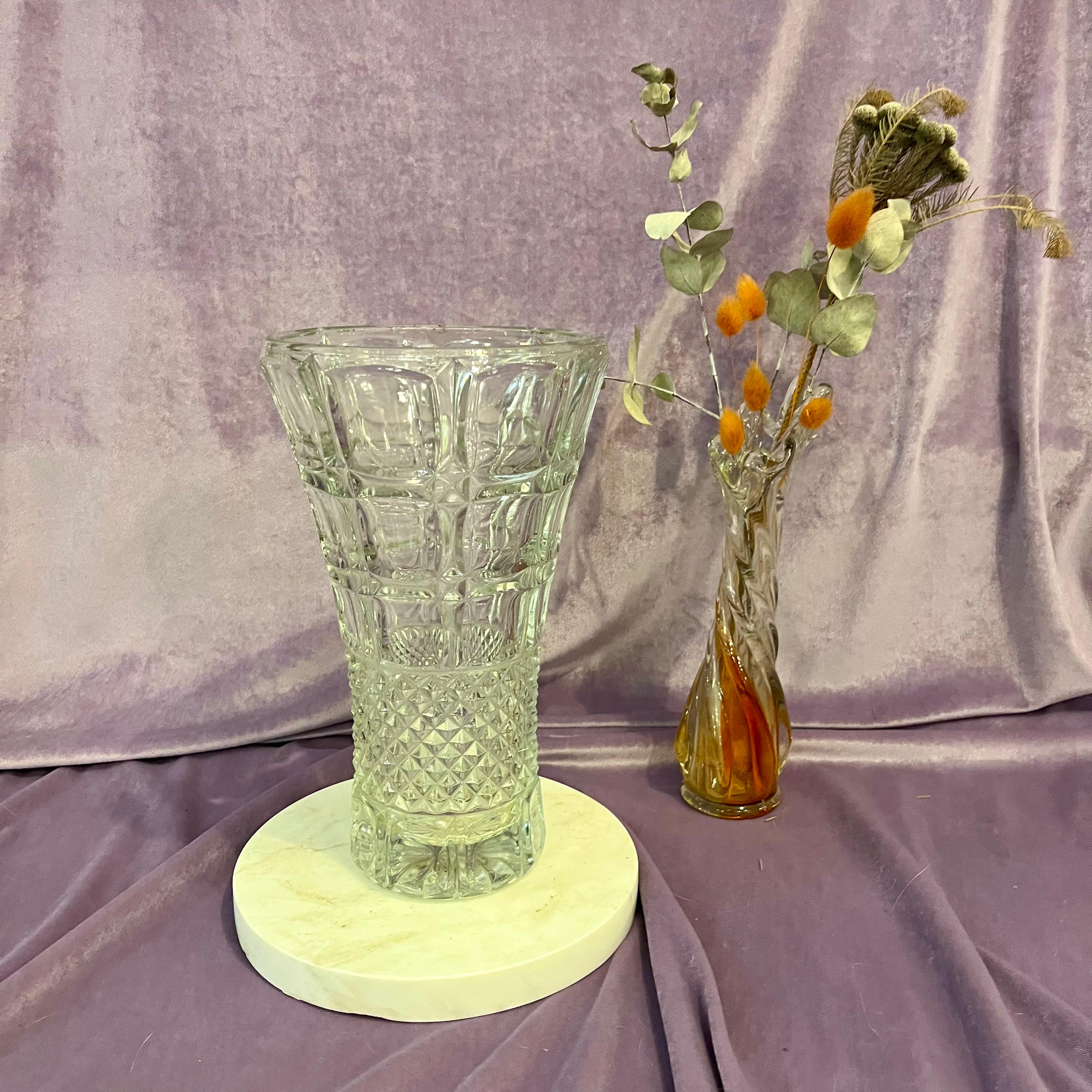 Cut Crystal Trumpet Vase with Diamond Base and Geometric Detailing