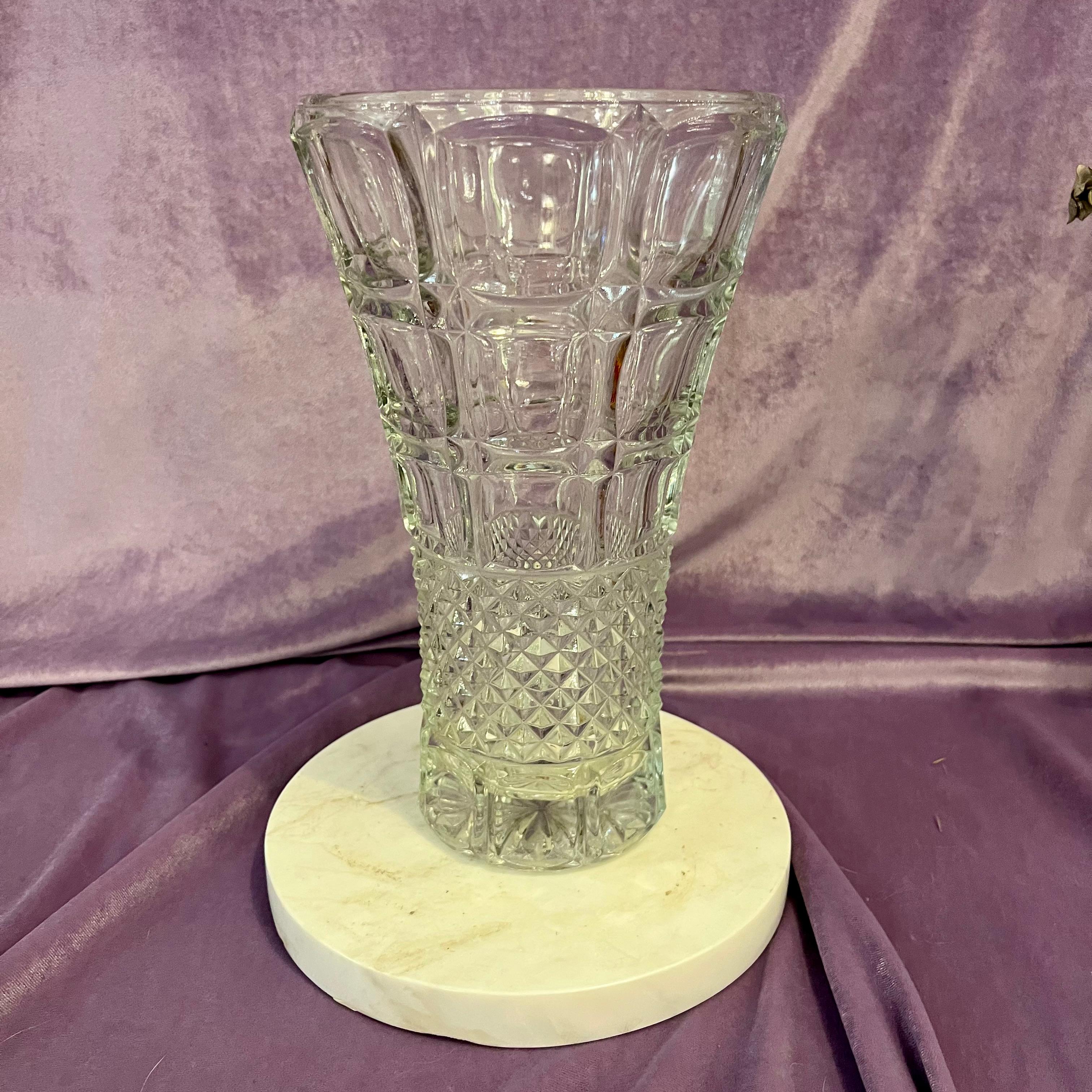 Cut Crystal Trumpet Vase with Diamond Base and Geometric Detailing
