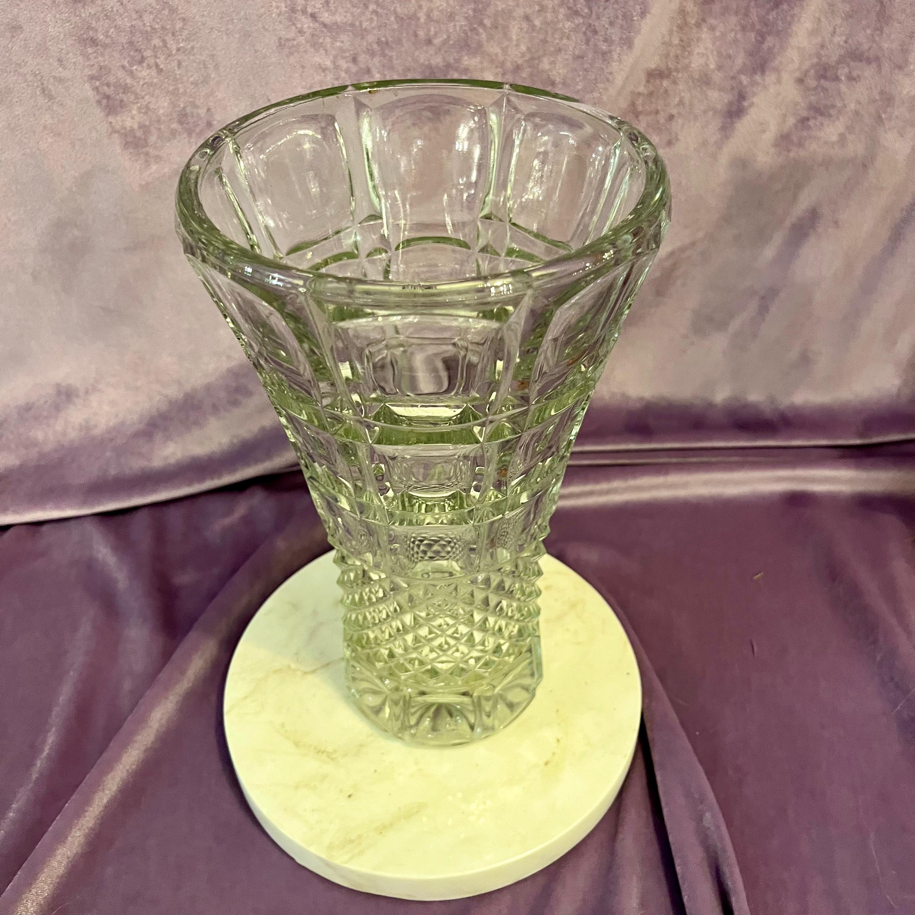 Cut Crystal Trumpet Vase with Diamond Base and Geometric Detailing